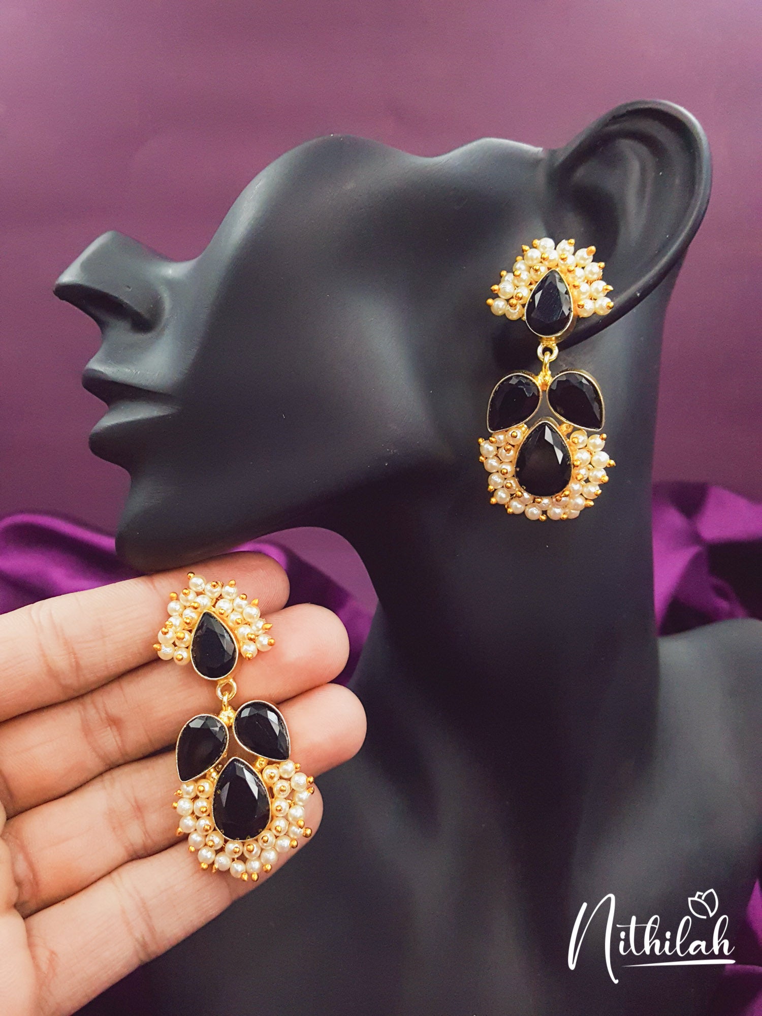 Black Quartz Pearl Cluster Earring Drops