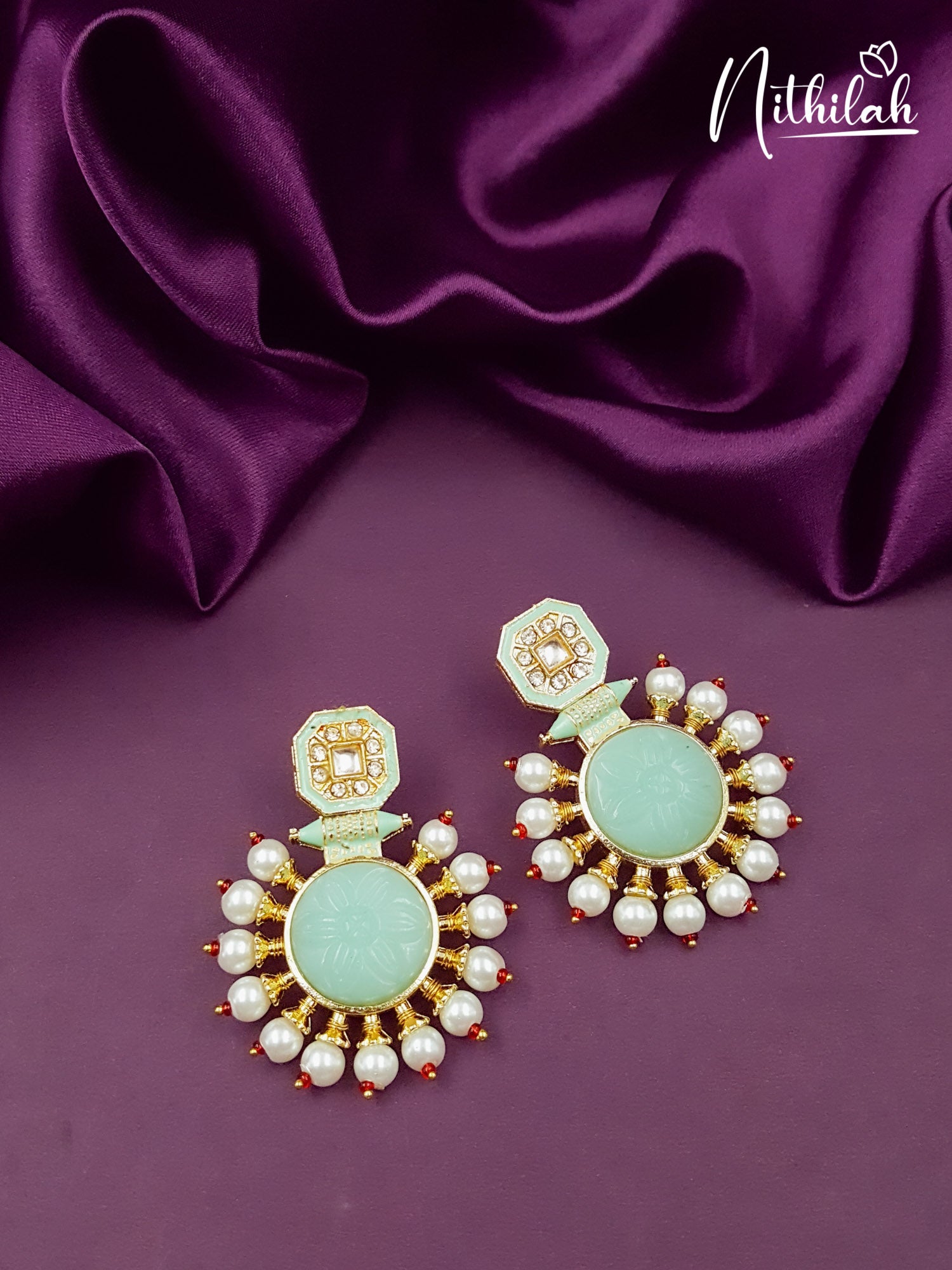 Blue Carved Stone Pearl Earrings