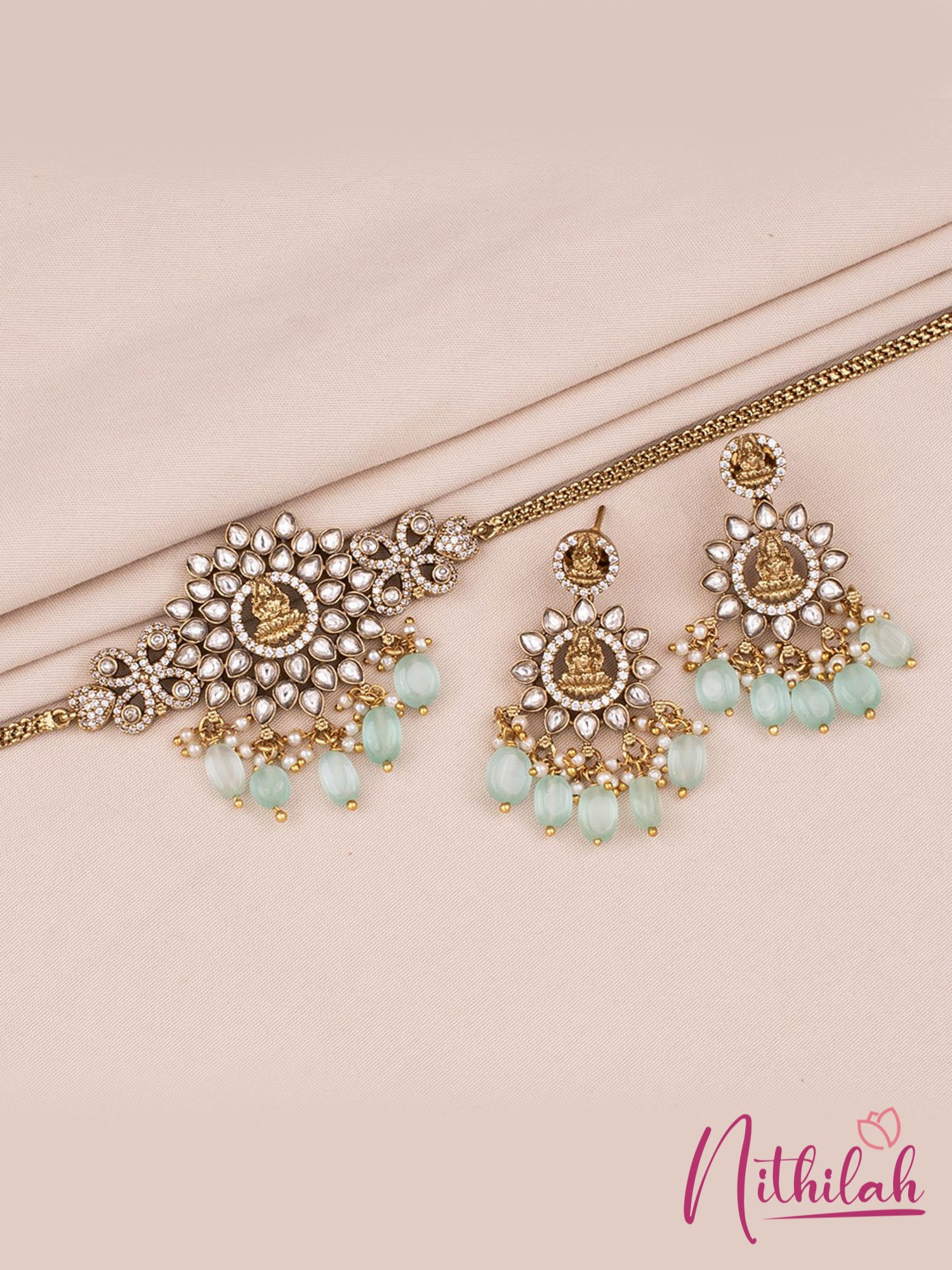 Nithilah Flower Burst Lakshmi Victorian Choker Set | Mint Mossanite Bead