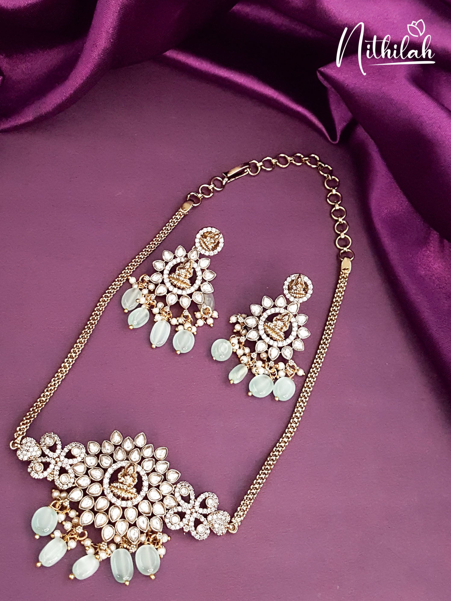 Nithilah Flower Burst Lakshmi Victorian Choker Set | Mint Mossanite Bead