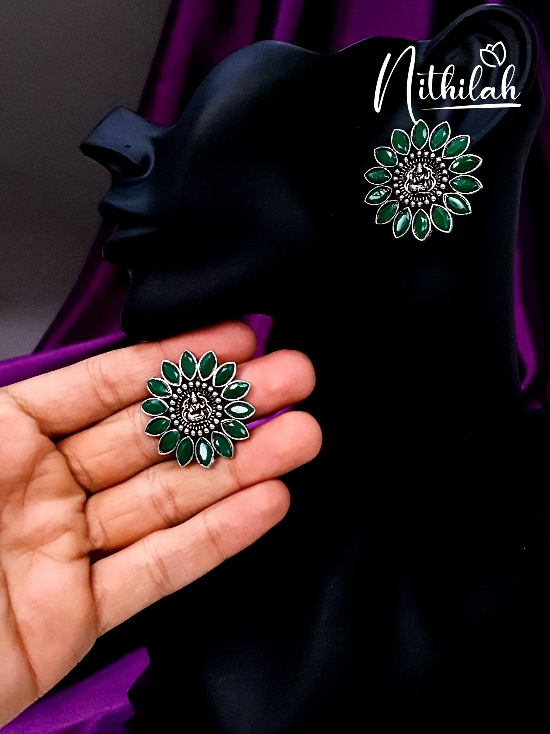 Buy Flower Lakshmi Green Oxidised Studs