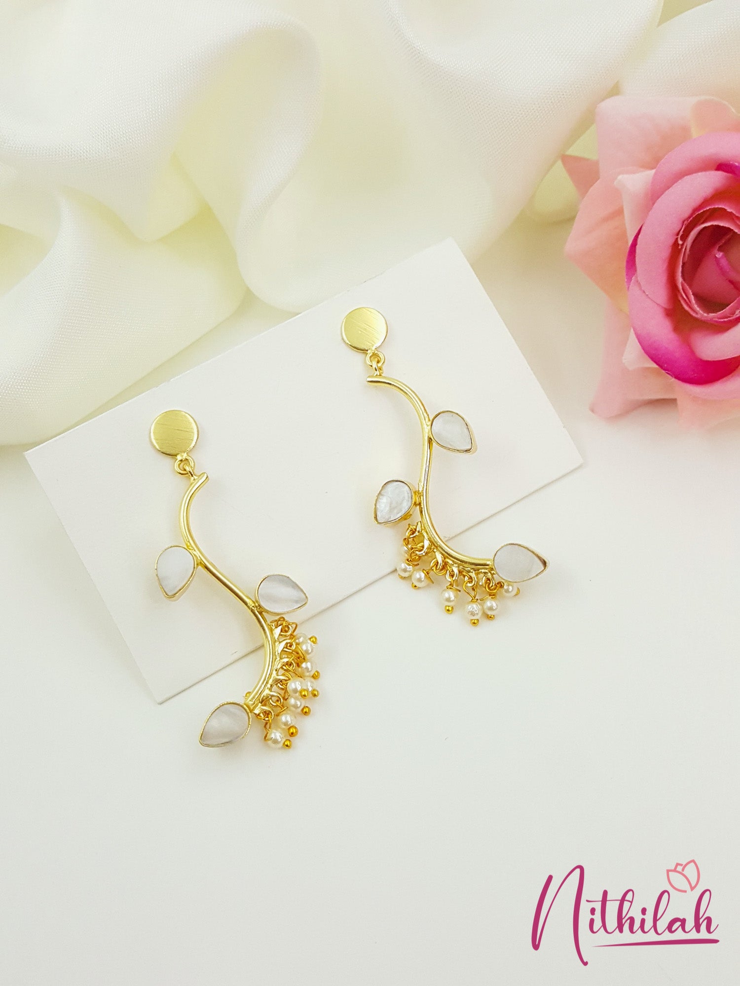 Hanging Leaf Stem MOP Earrings