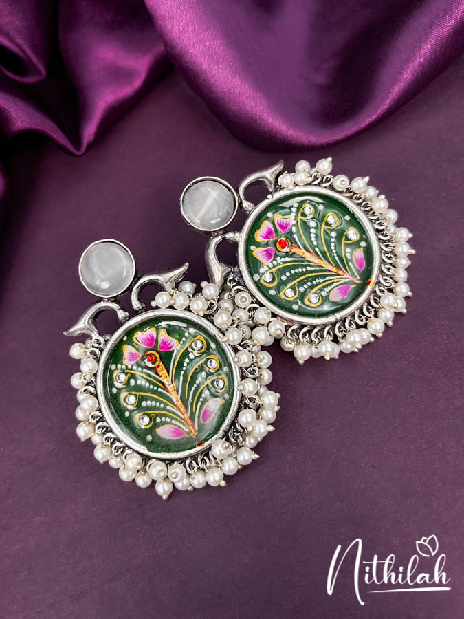 Meenakari handmade Green Oxidised Earrings