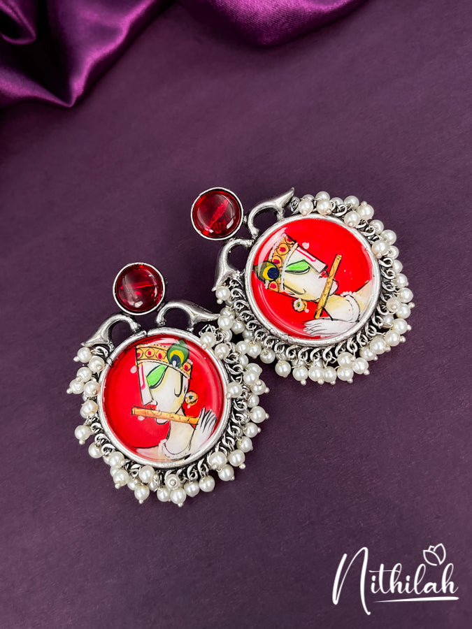 Meenakari Krishna Hand Painted Red Oxidised Earrings