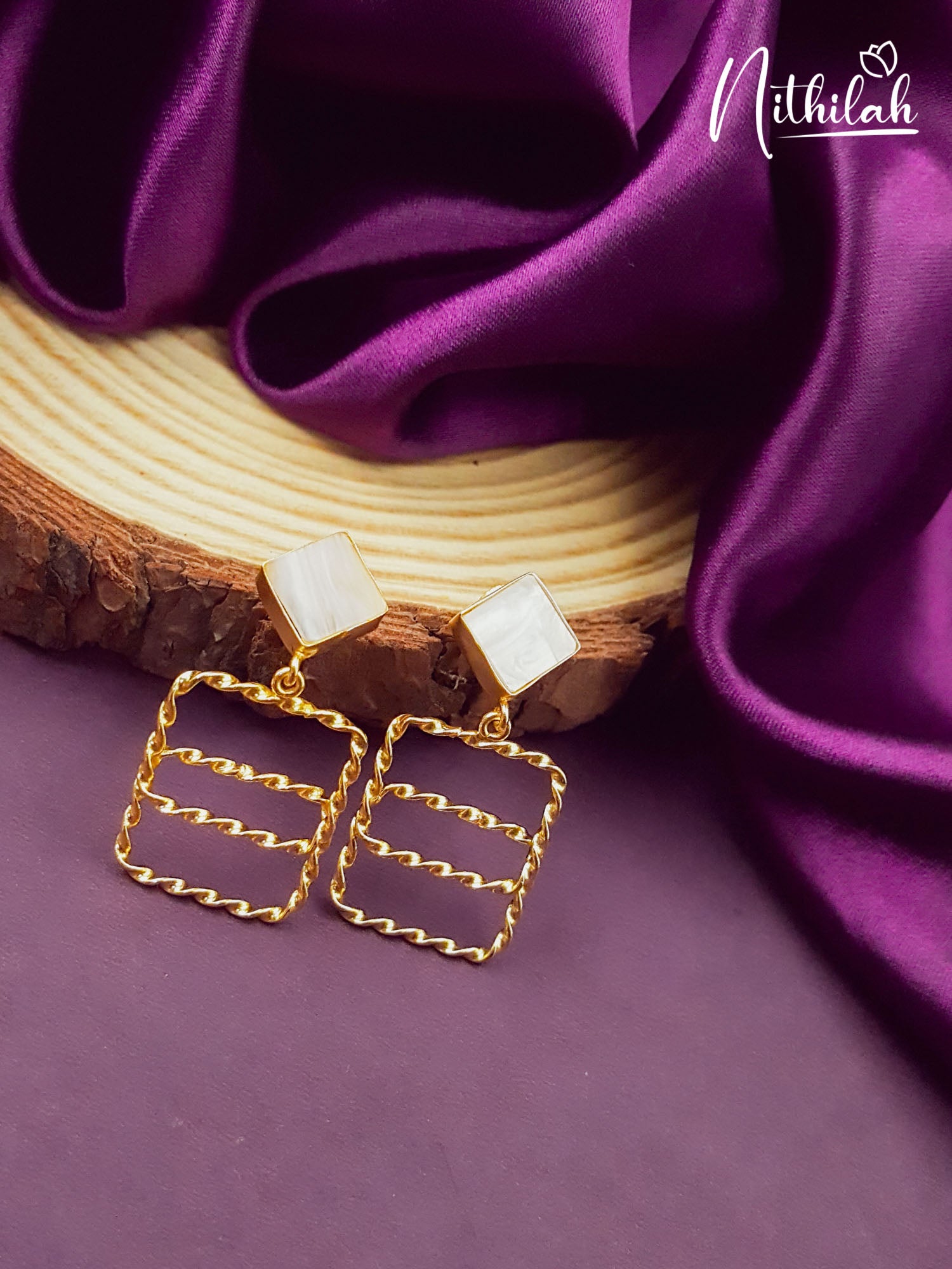 Twisted Rectangle Mother of Pearl Earrings Wavy lines MOP Earring Drops