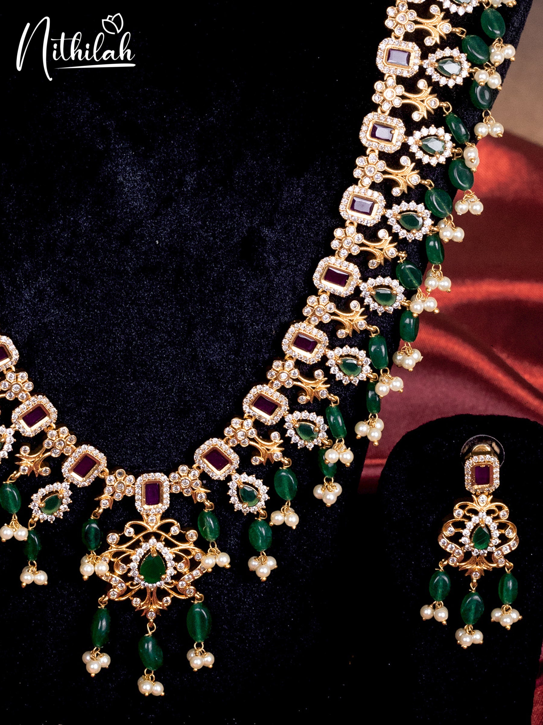 Nithilah One Gram Gold Multistone Green Beads Haram