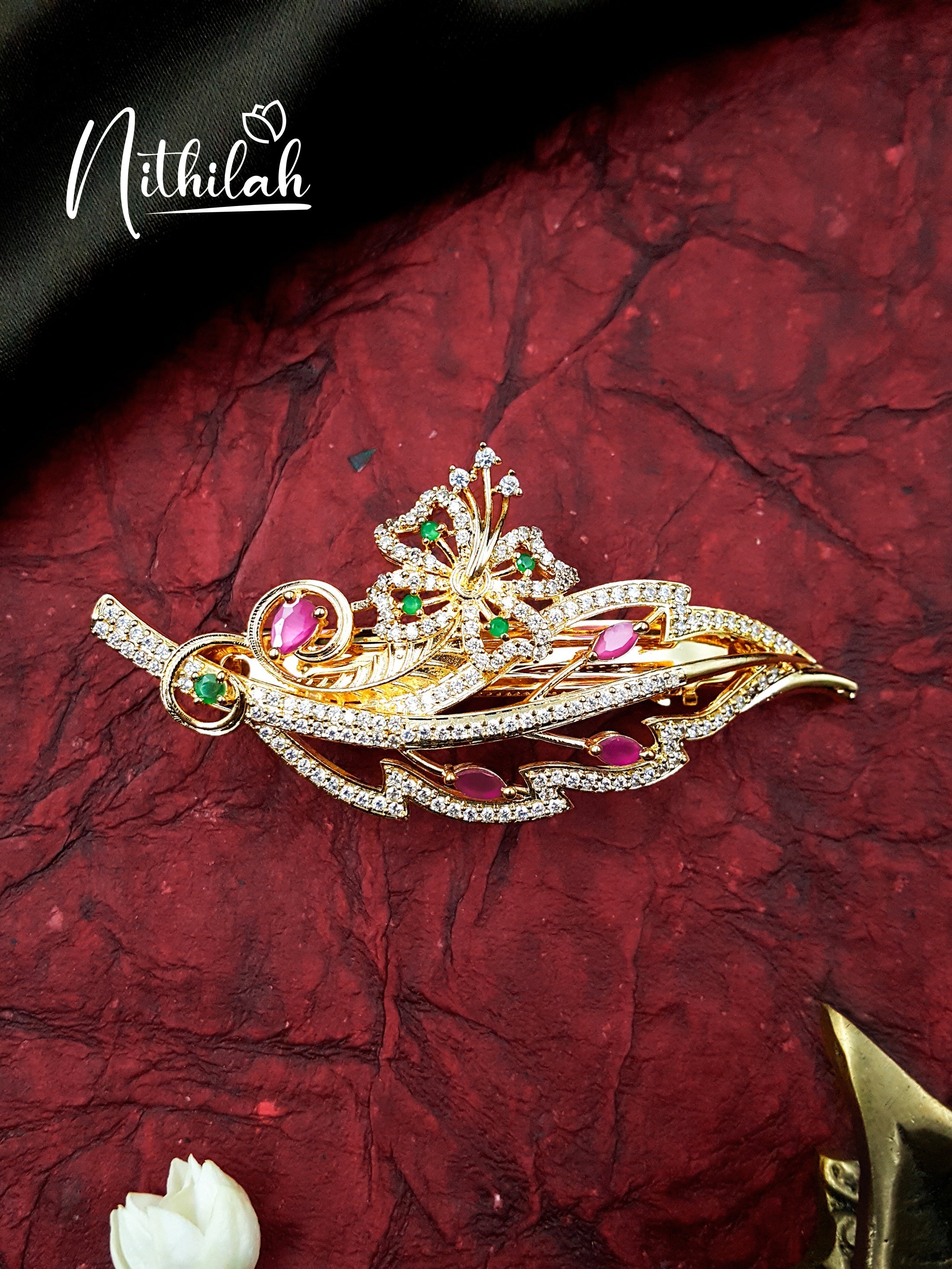 Nithilah AD Feather with Flower Hair Brooch Clip Gold