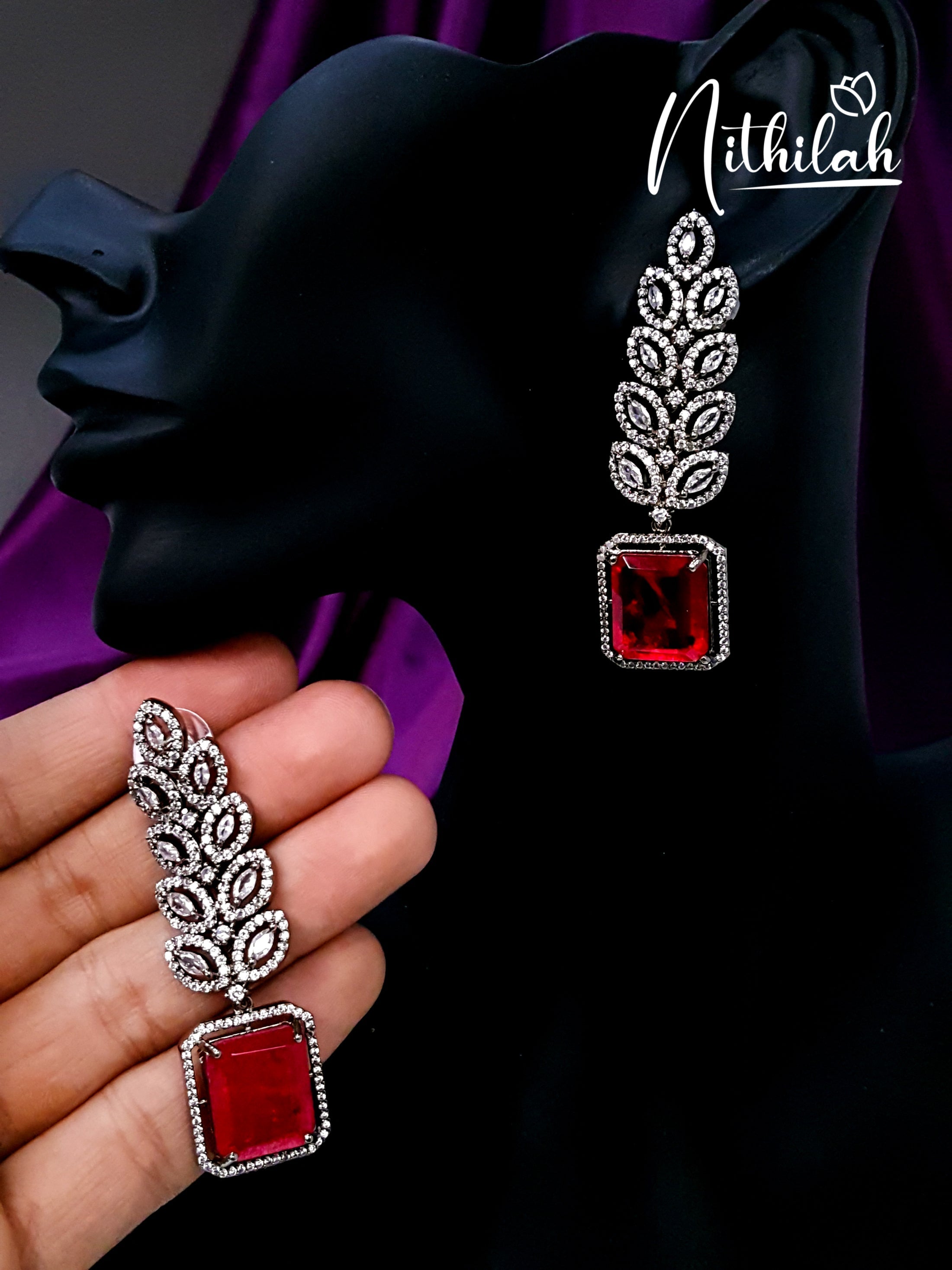 Buy American Diamond Leaf Drops Earrings - Red