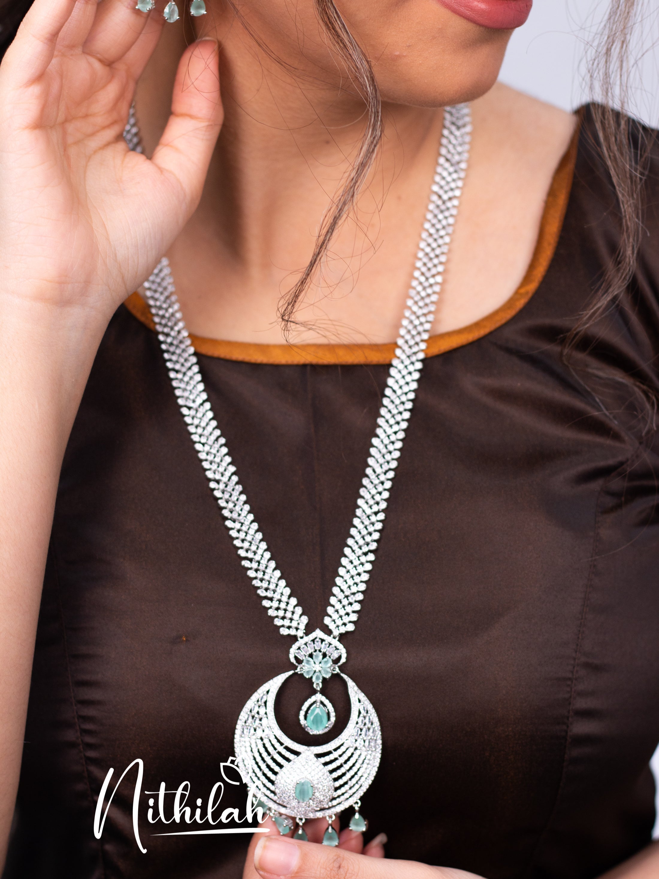 Buy American Diamond Chandabali Haram | Mint Stone Haram