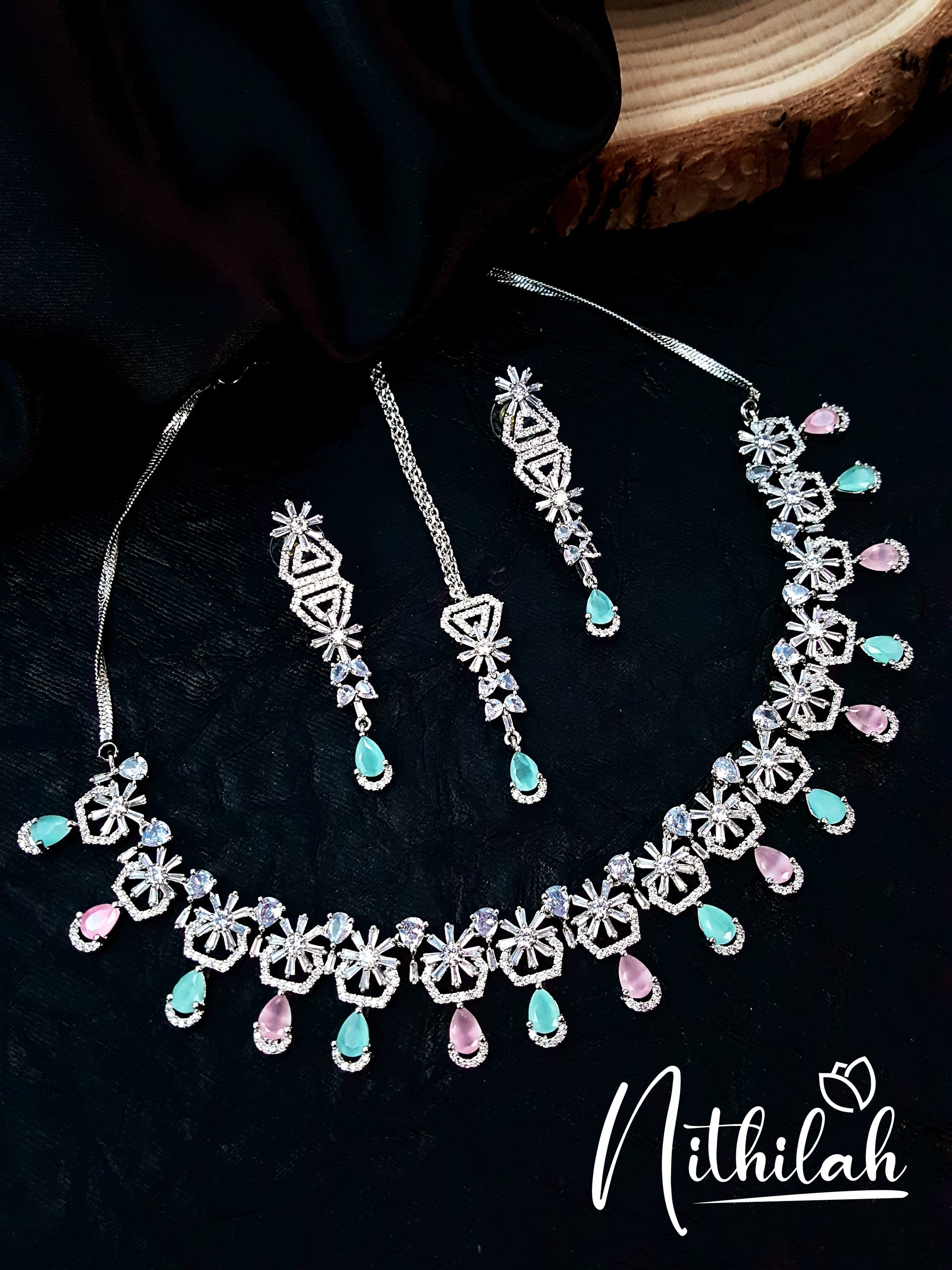 Buy American Diamond Jewel Set with Mint Pink Stones