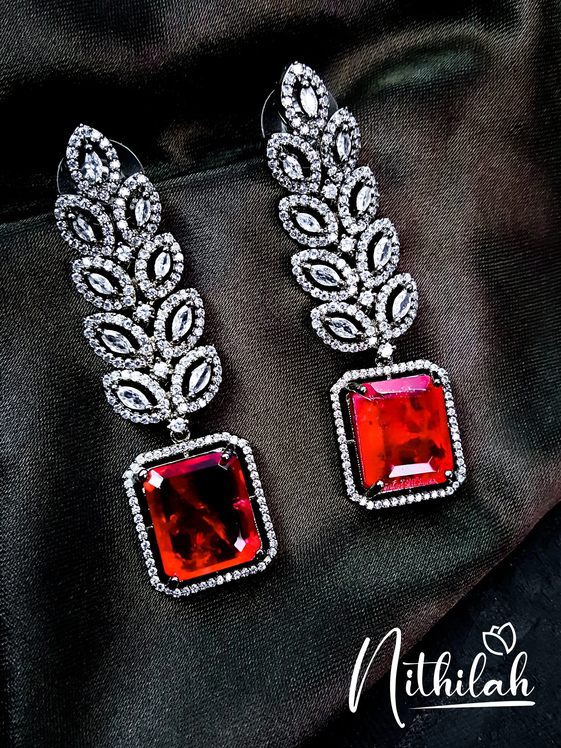 Buy American Diamond Leaf Drops Earrings - Red