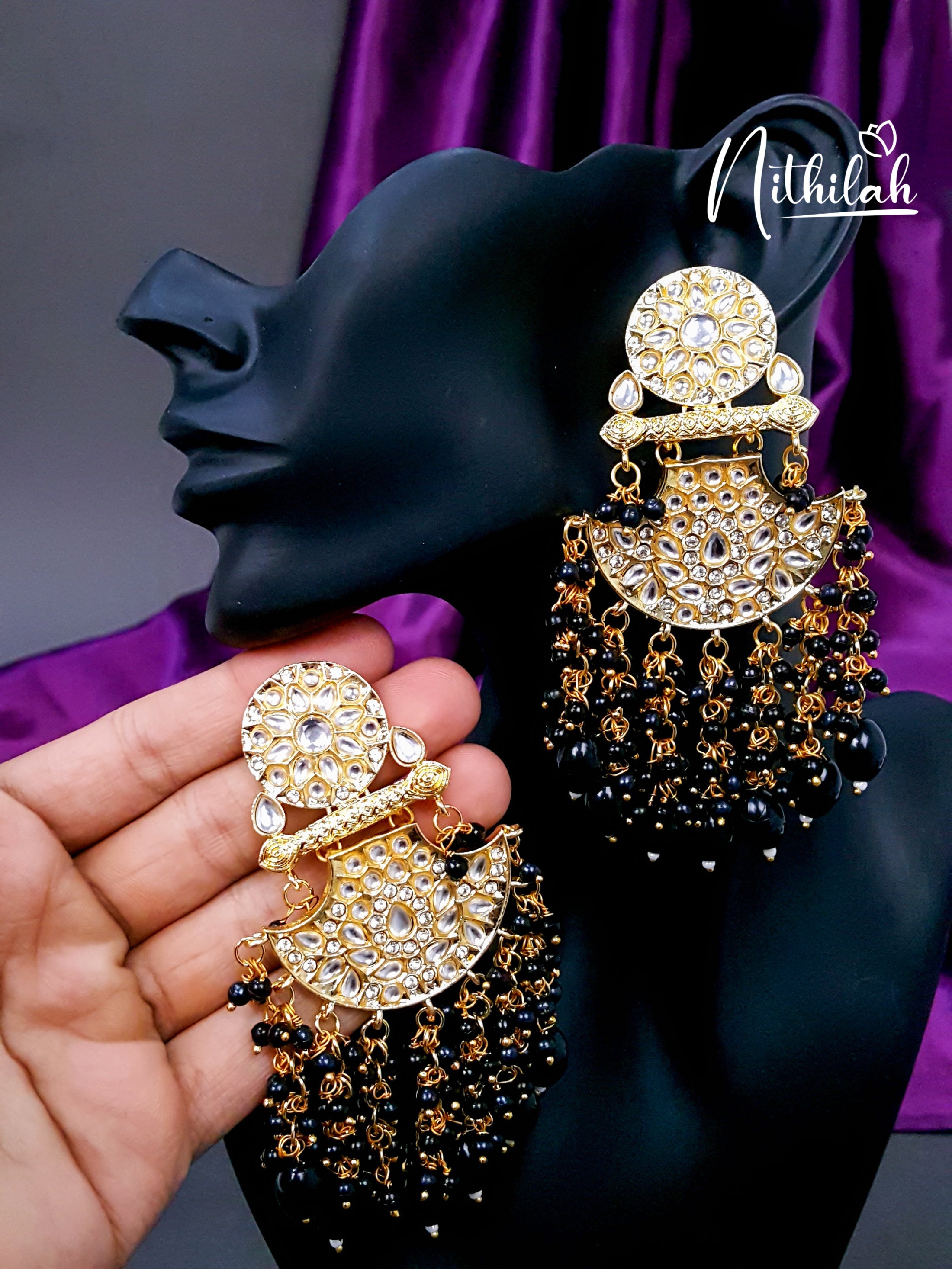 Buy Black Beads Kundan Chandelier Earrings | Kundan Earrings