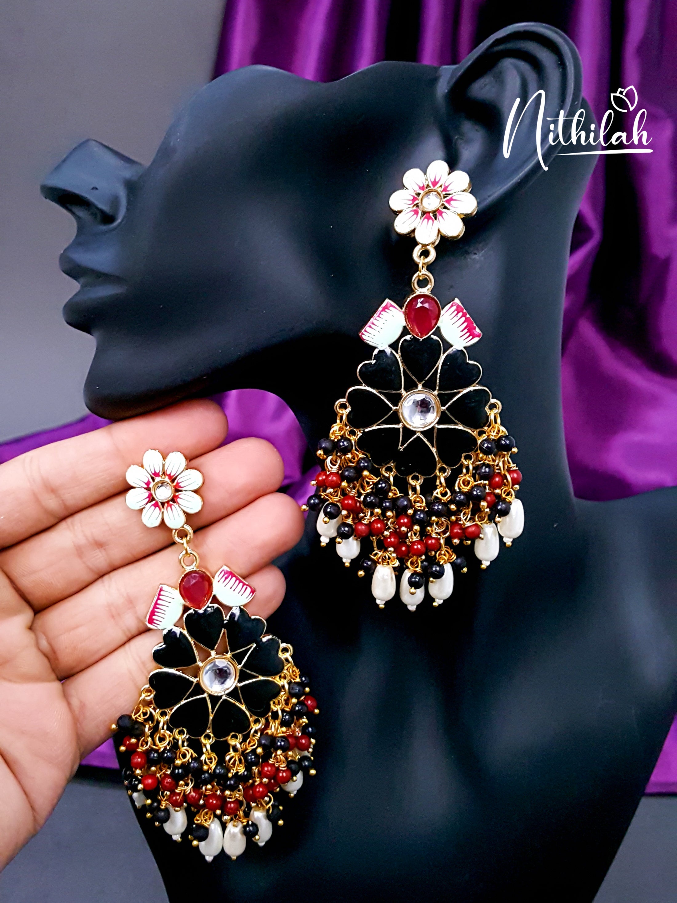 Buy Black Meenakari Flower Chandelier Earrings