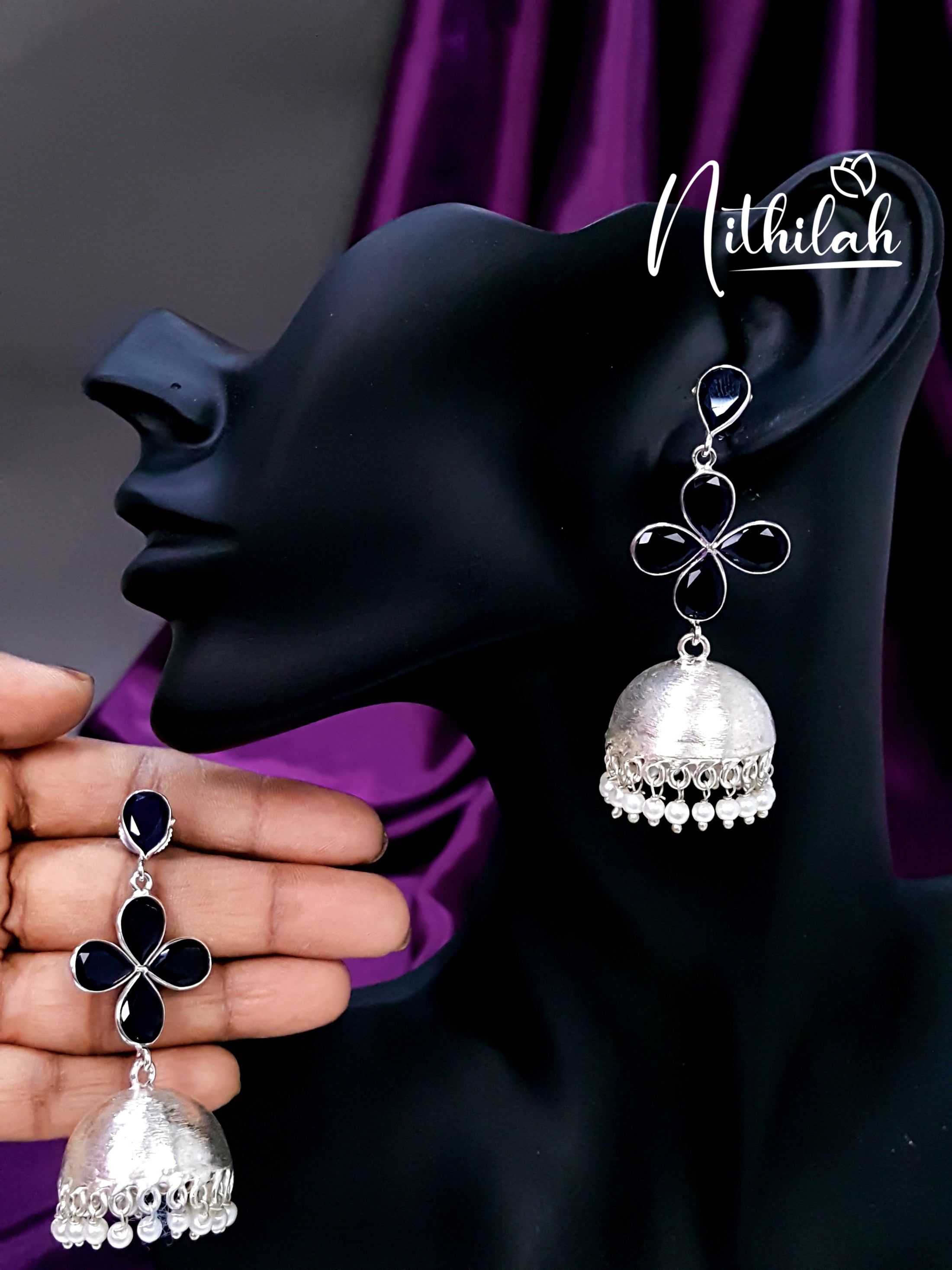 Buy Black Stone Flower Oxidised Jhumka | Oxidised Jhumka