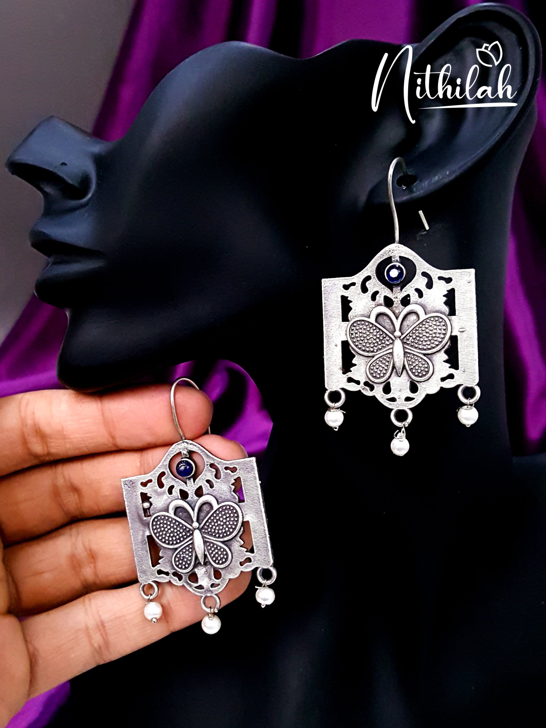 Buy Butterfly Frame Oxidised Silver Earrings