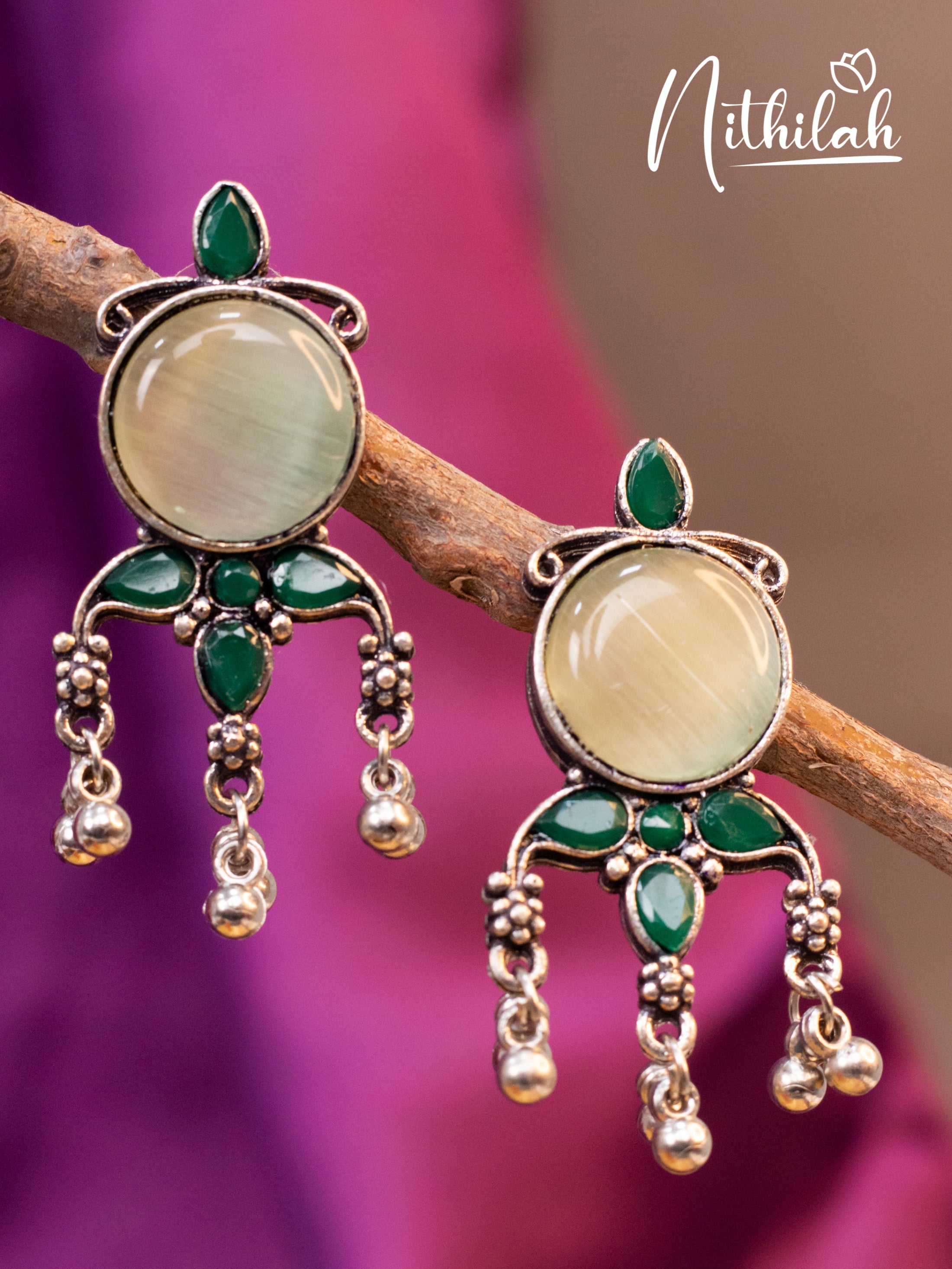 Beige and Green Stone Drops Oxidised Earrings N19E122