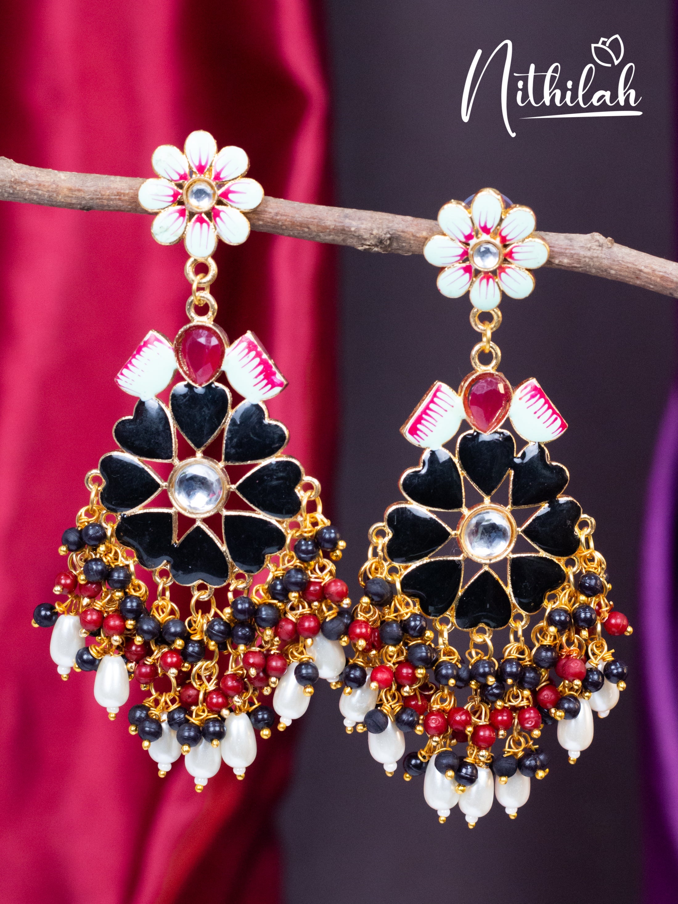 Buy Black Meenakari Flower Chandelier Earrings