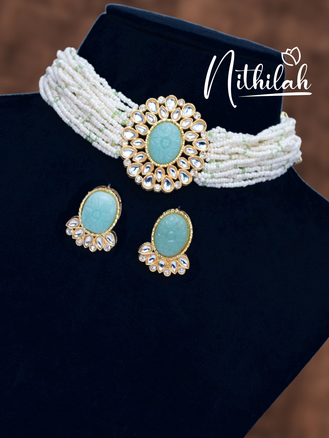 Blue Center Kundan Beads Choker Necklace N19C165