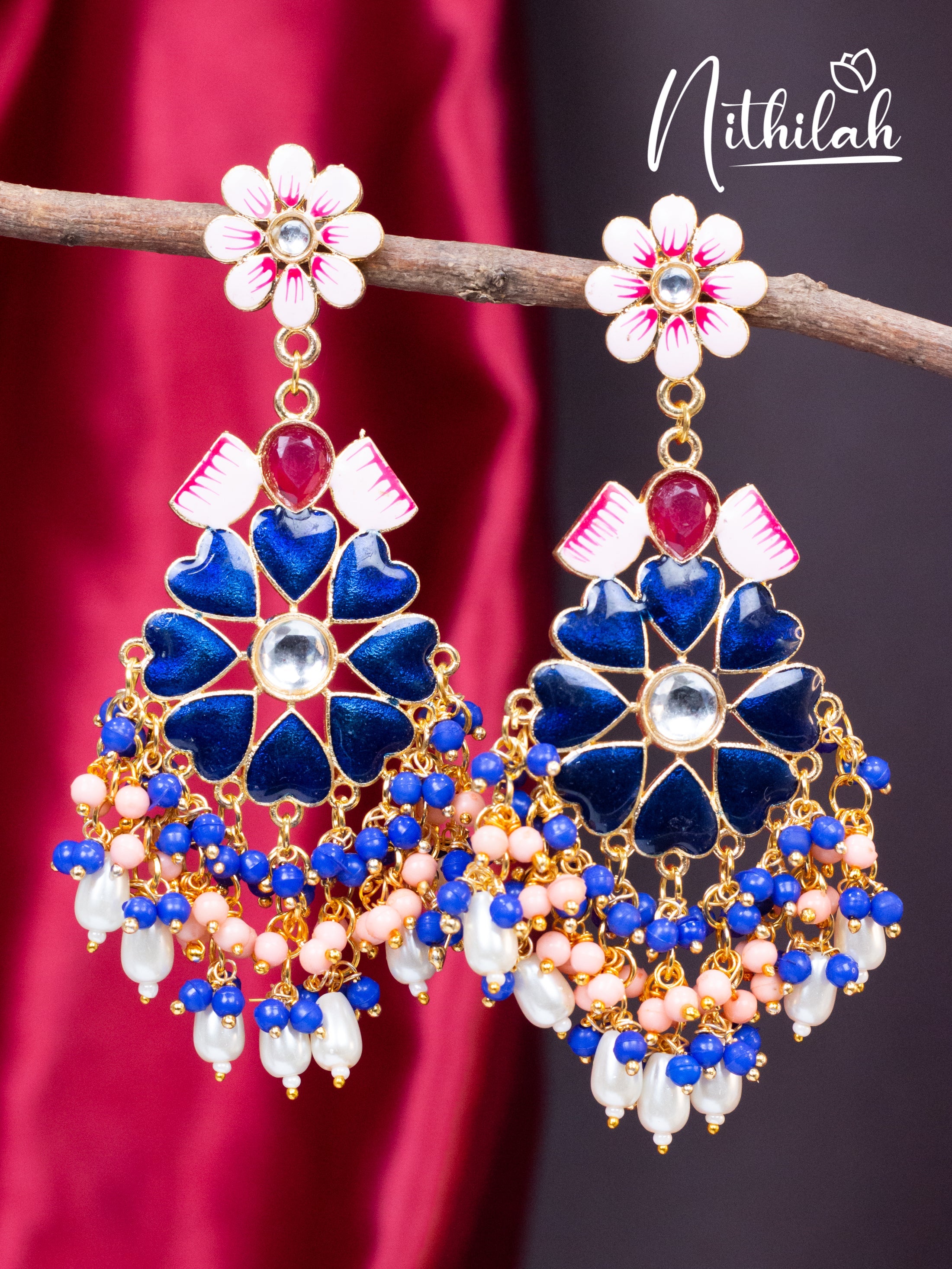 Buy Blue Meenakari Flower Chandelier Earrings | Chandbali Earrings