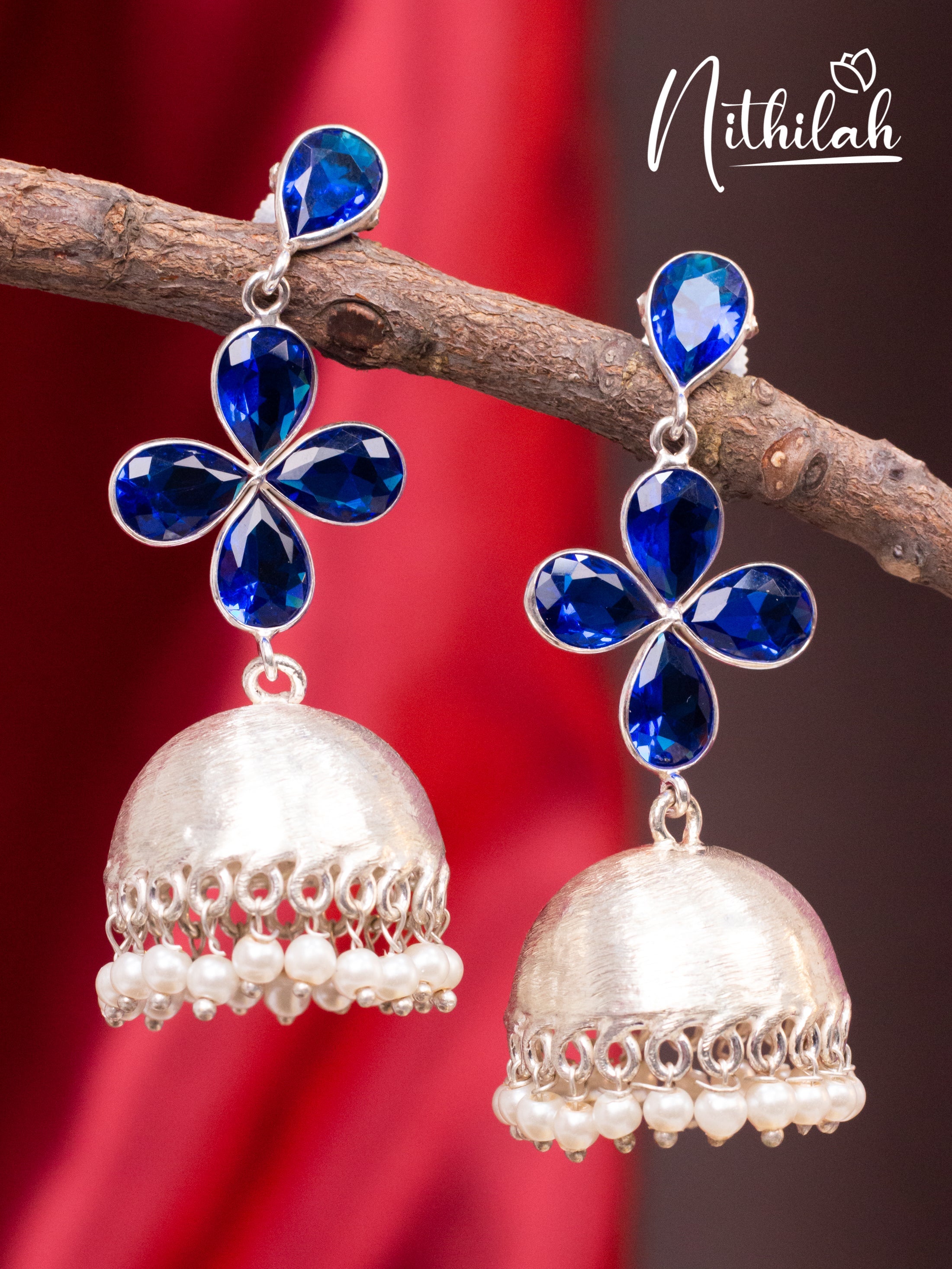 Blue Stone Flower Oxidised Jhumka N10E190