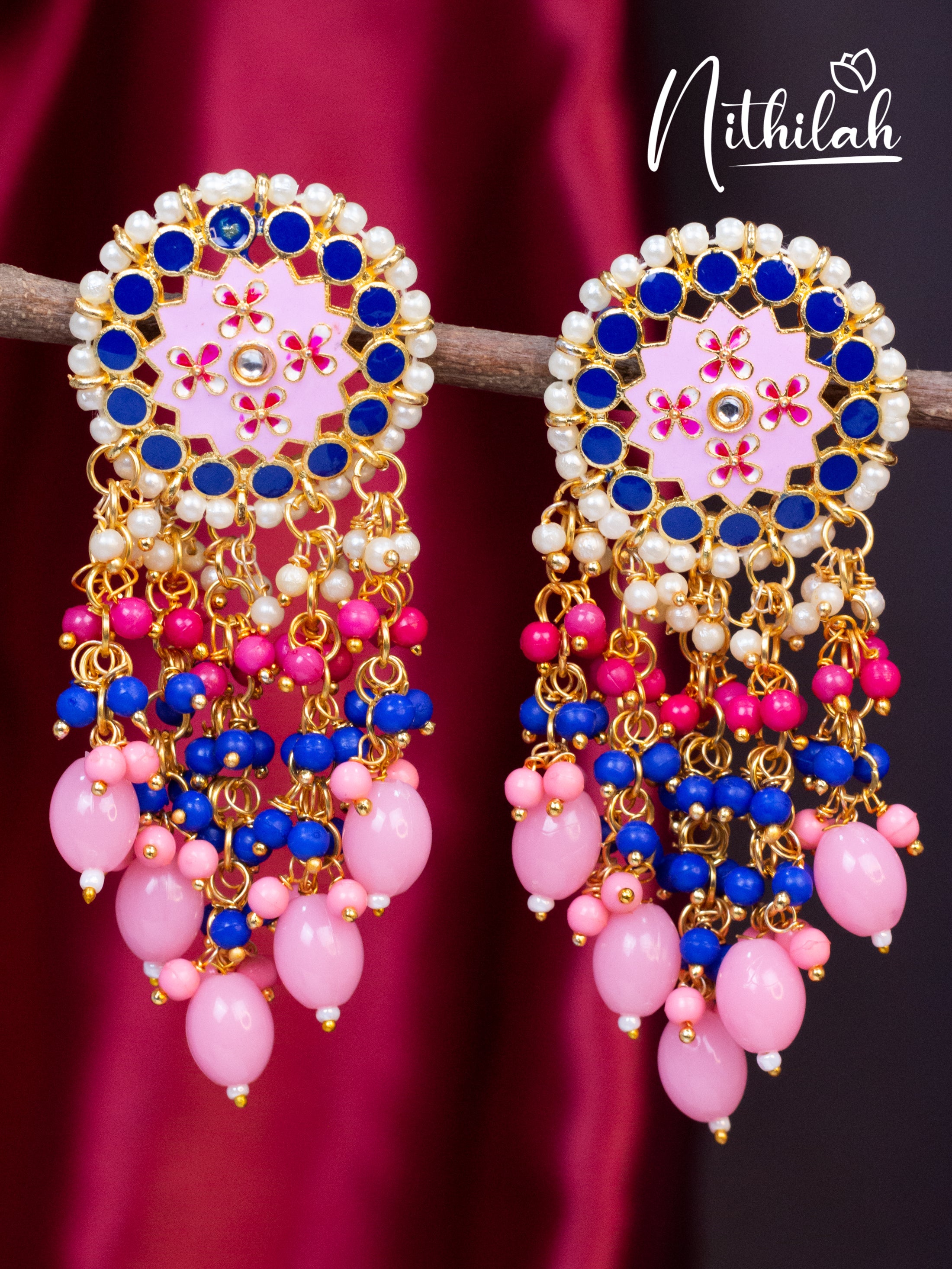 Blue and Pink Meenakari Chandelier Earrings N19E116