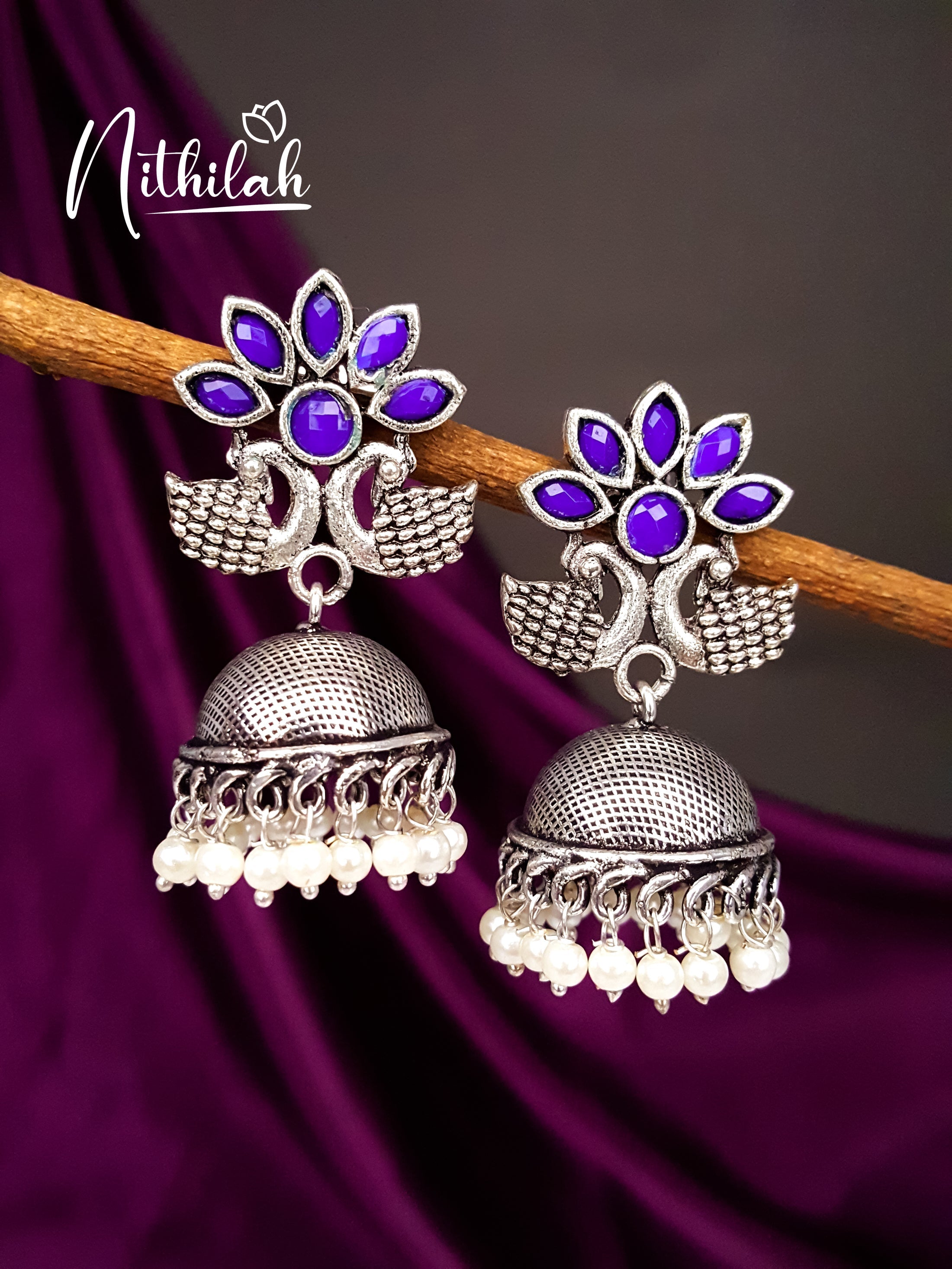 Blue peacocks Oxidised Jhumka silver earrings NMAE105