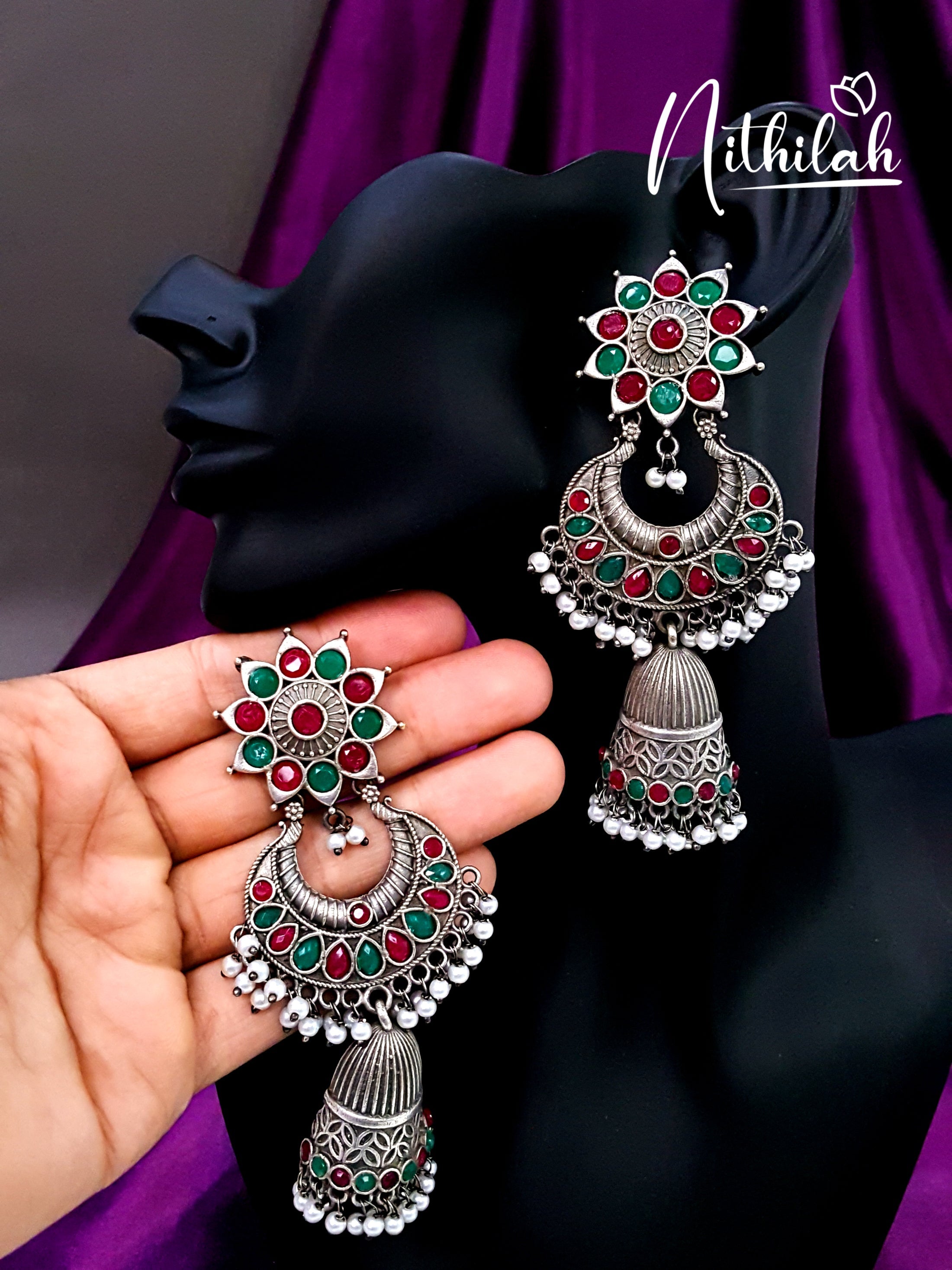 Buy Chandbali Jhumka Oxidised Earring - Red Green