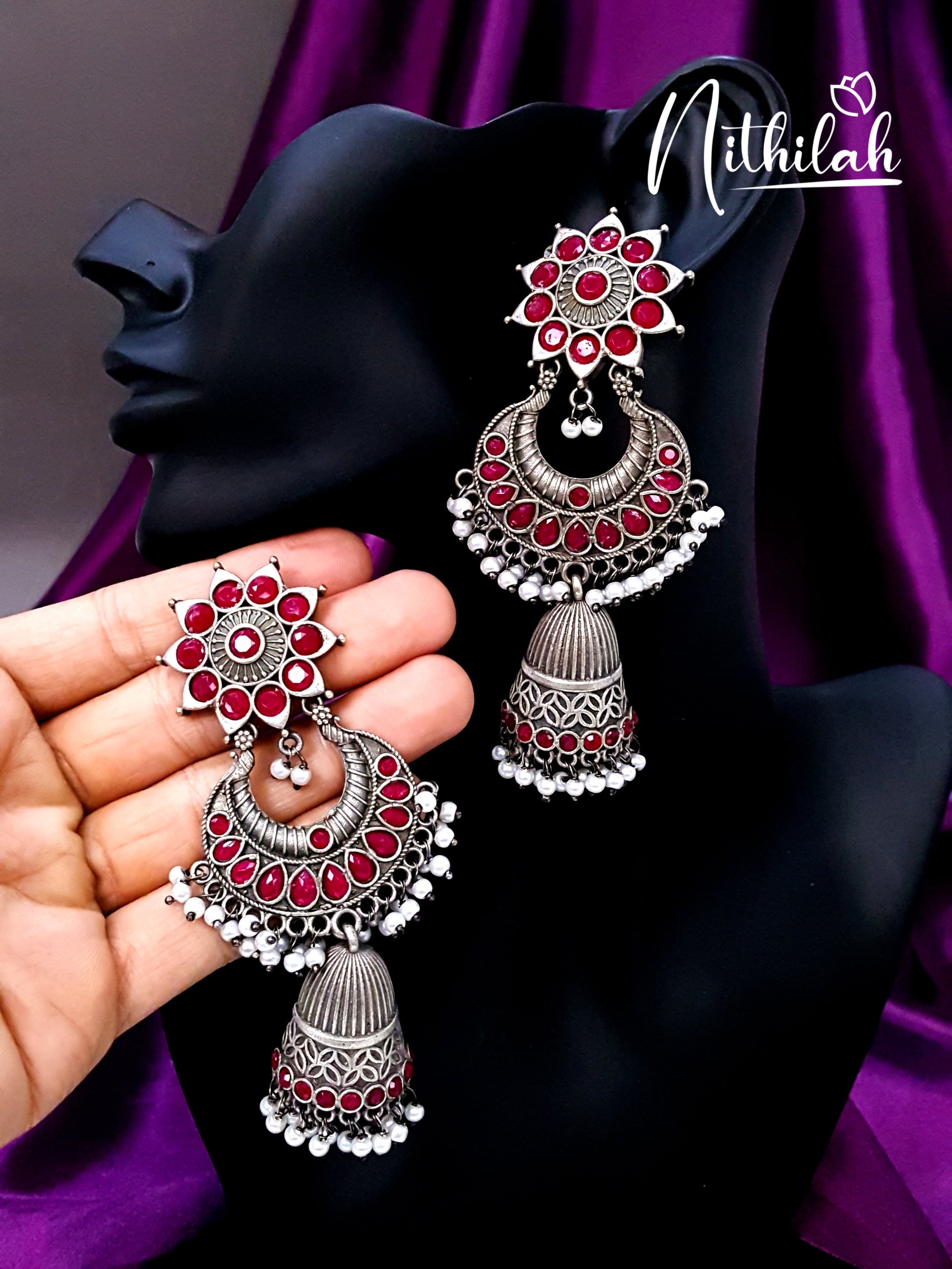 Buy Chandbali Jhumka Oxidised Earring - Red