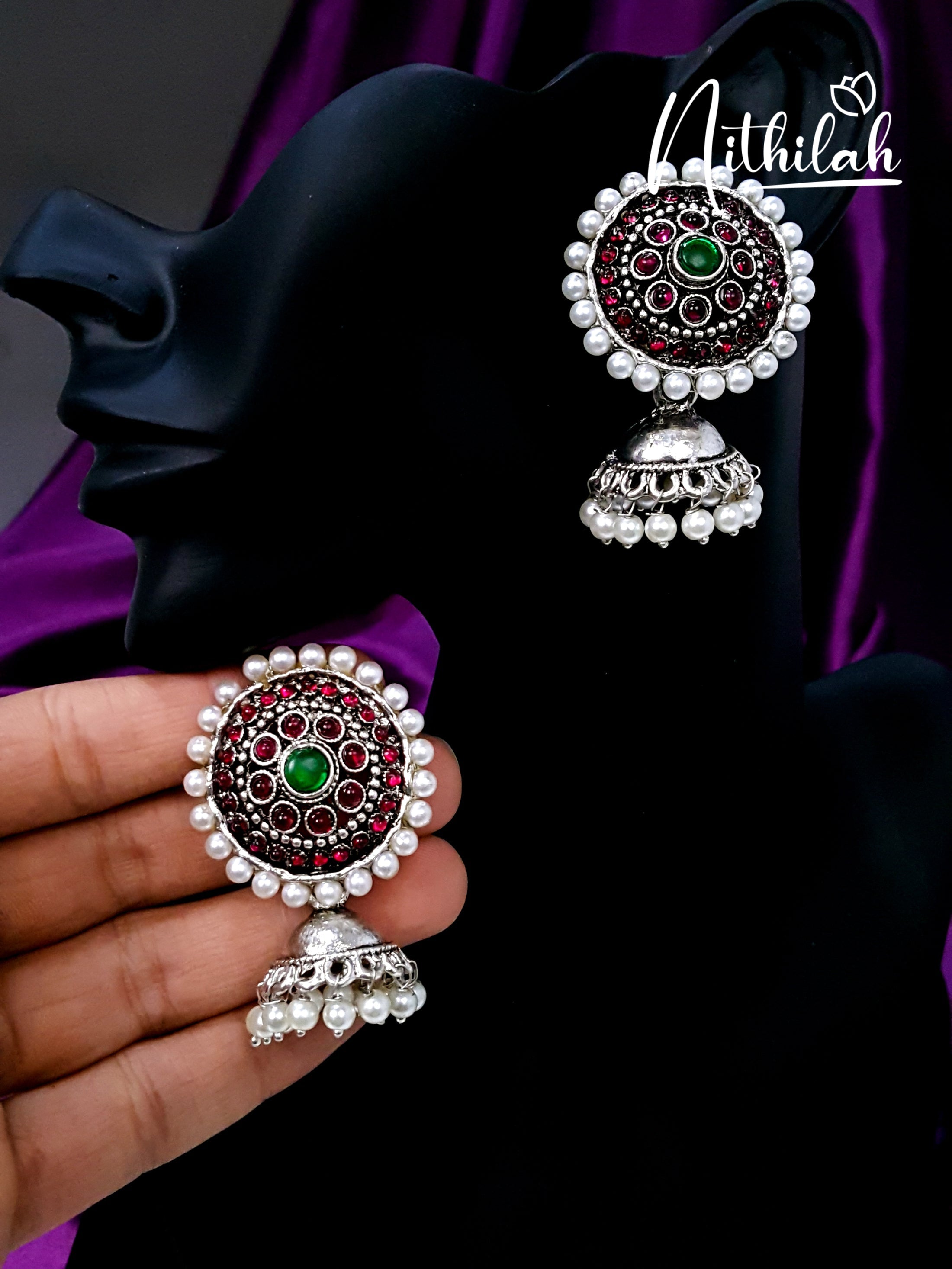 Buy Circle Stones Oxidised Silver Jhumka Earrings