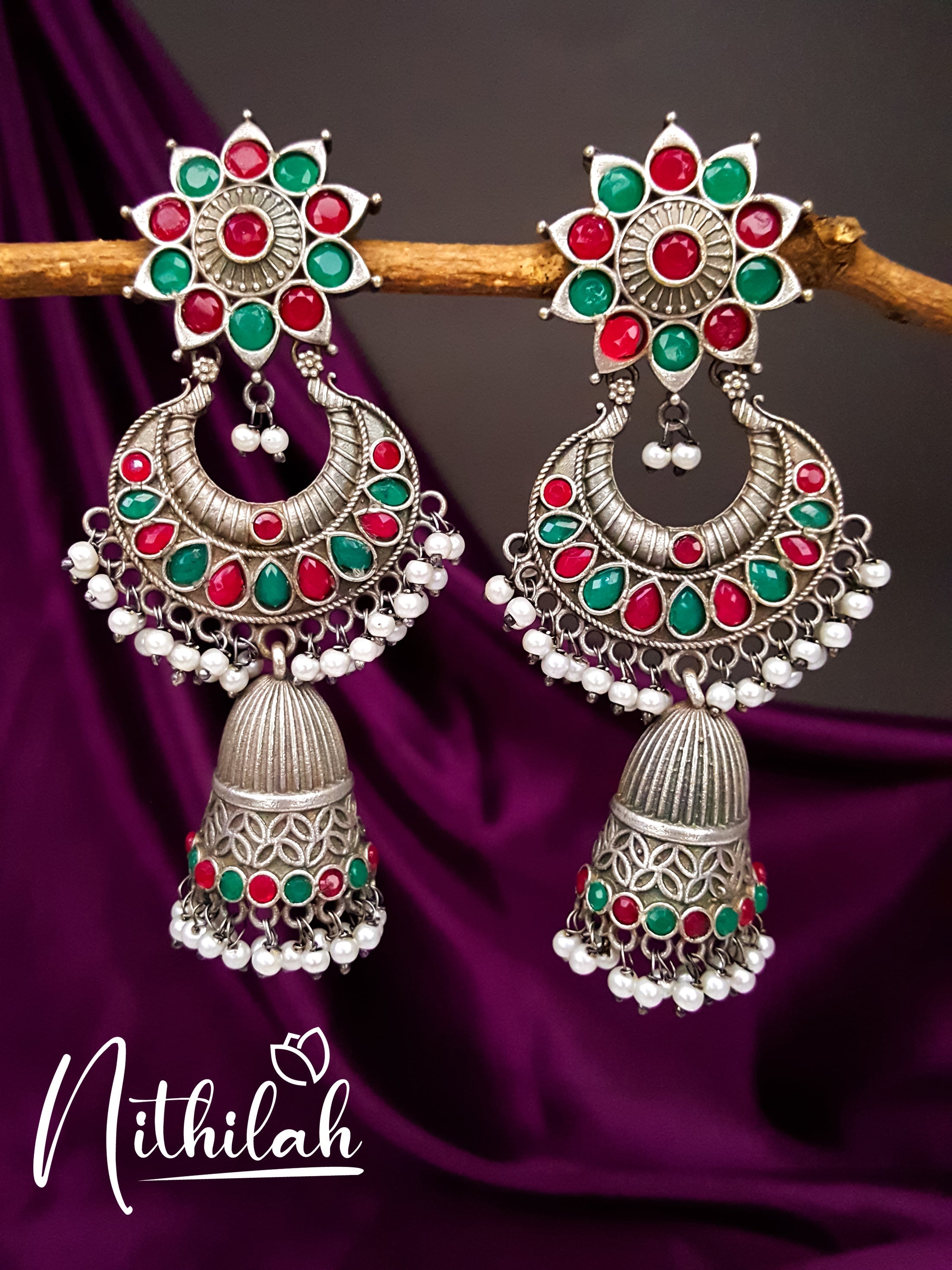 Buy Chandbali Jhumka Oxidised Earring - Red Green