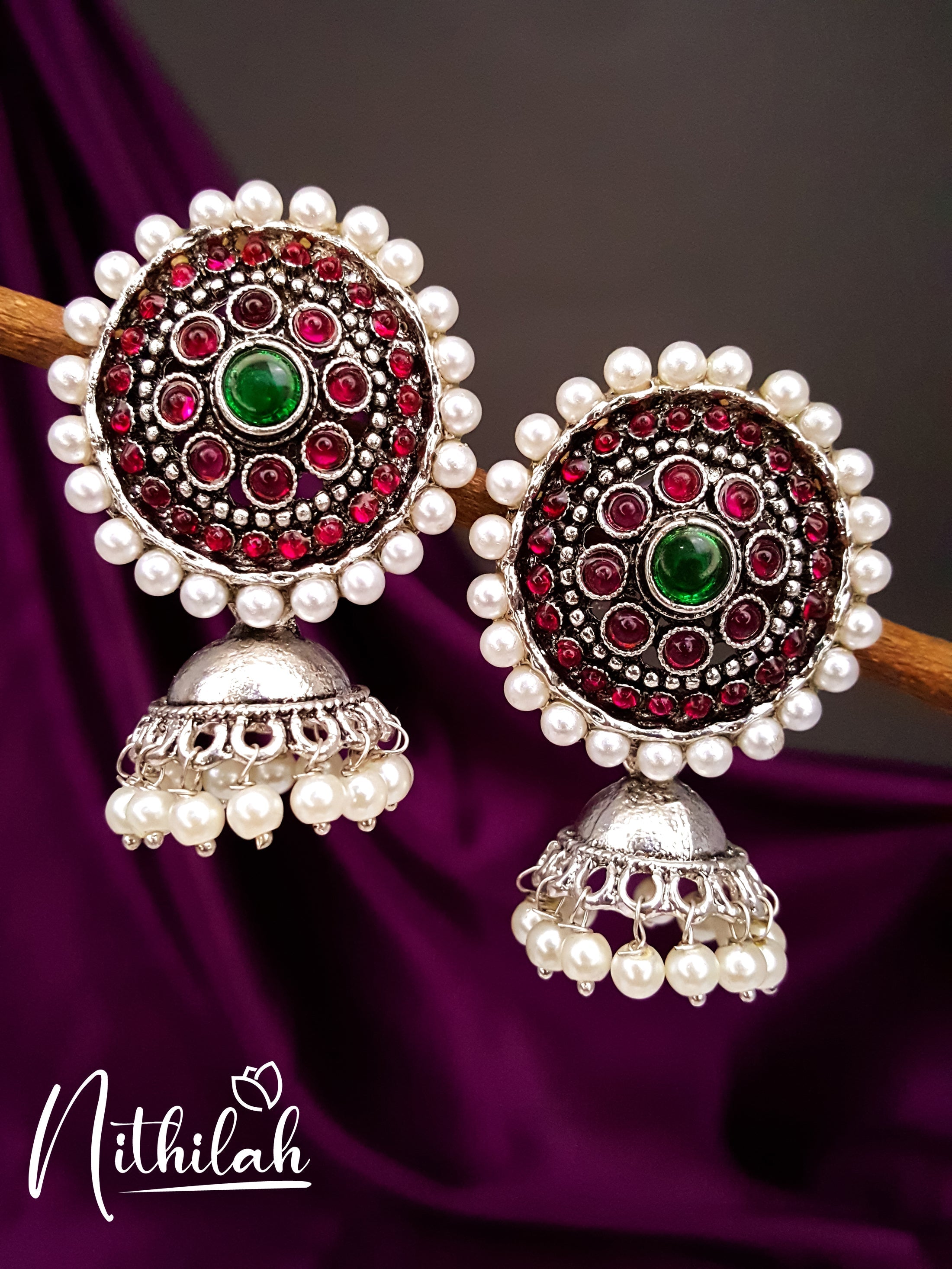 Buy Circle Stones Oxidised Silver Jhumka Earrings