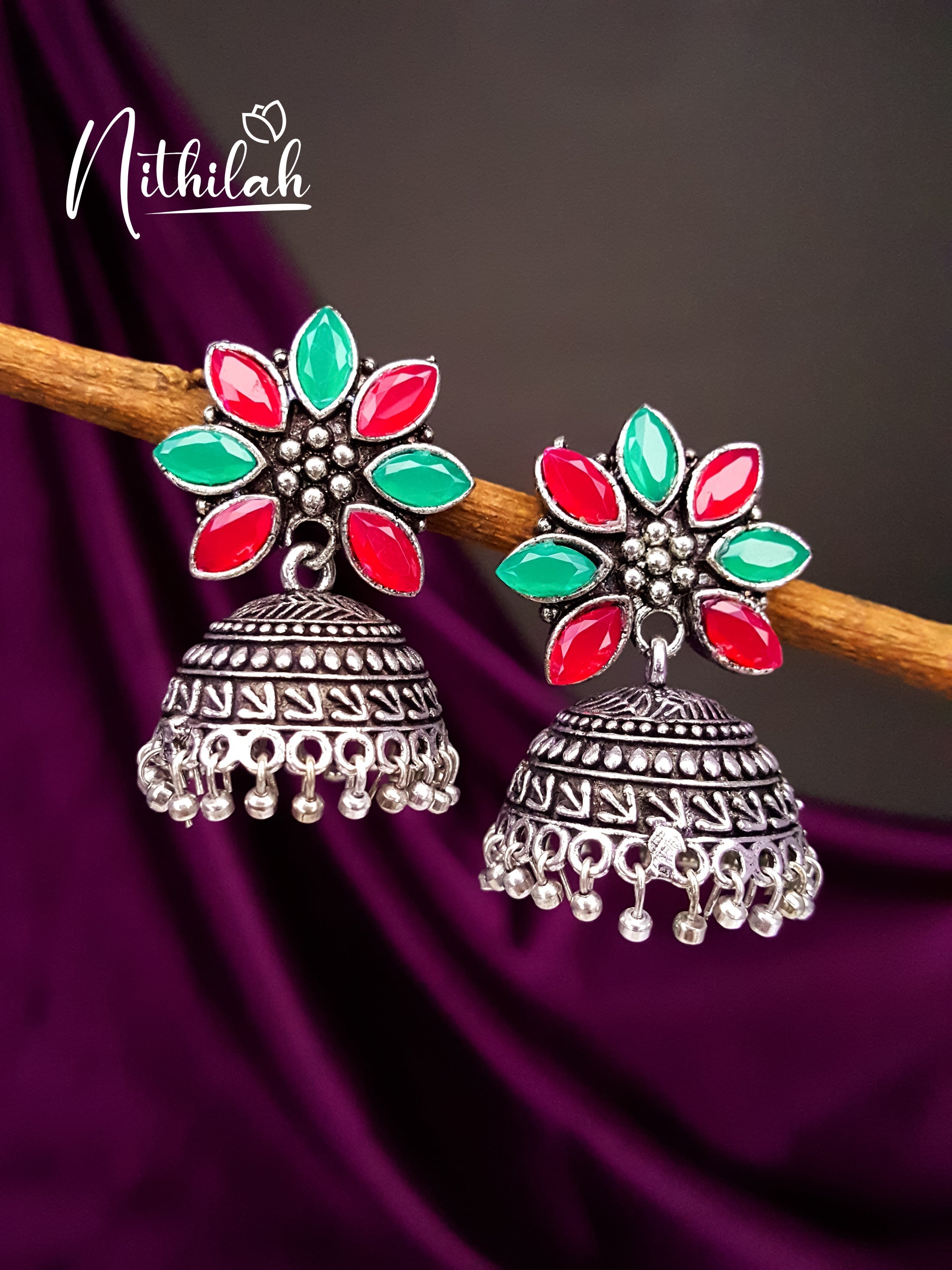 Daisy Stone Oxidised Jhumka - Red Green NMAE109