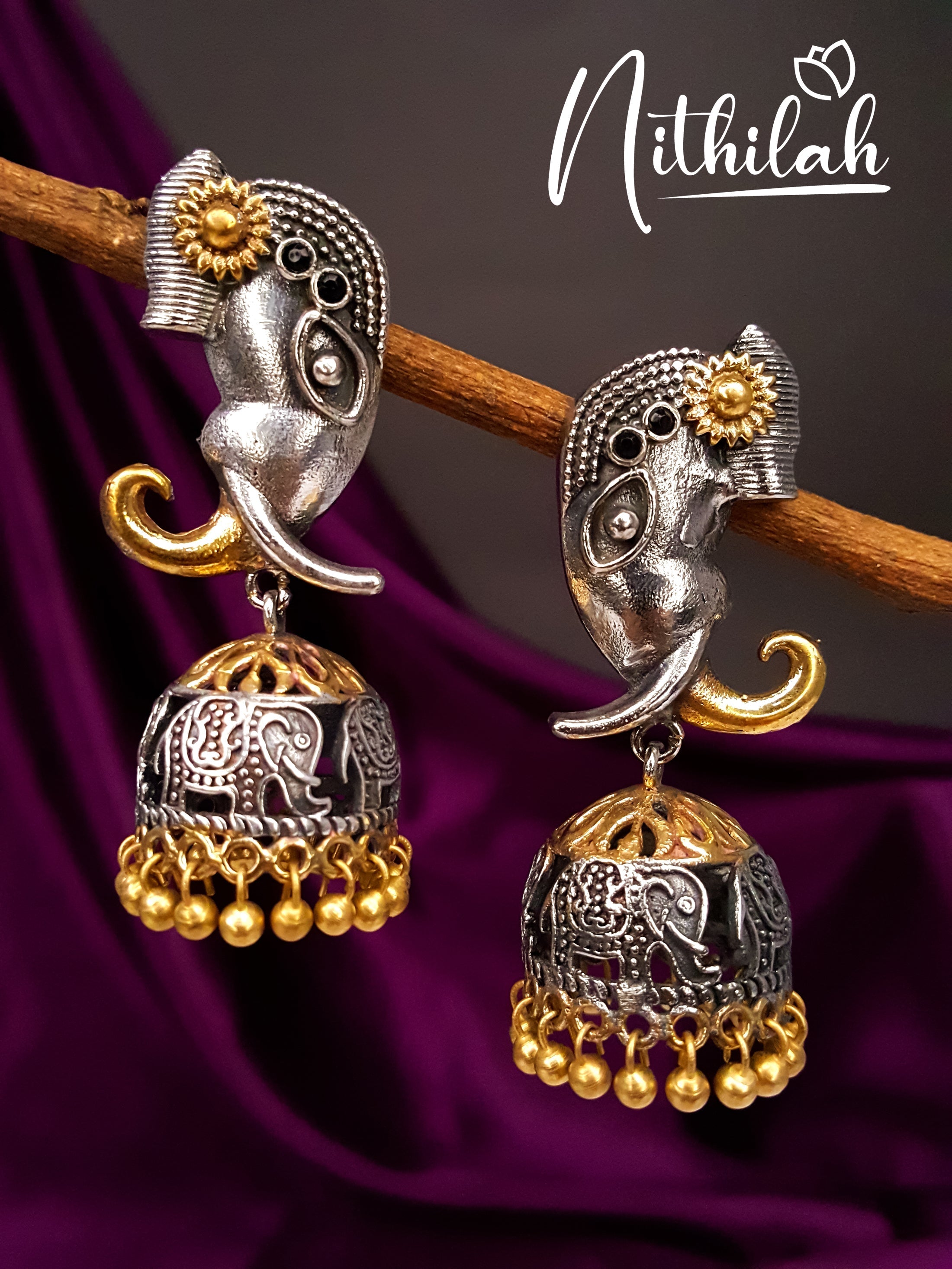 Dual Tone Elephant Oxidised Jhumkas NMAE129