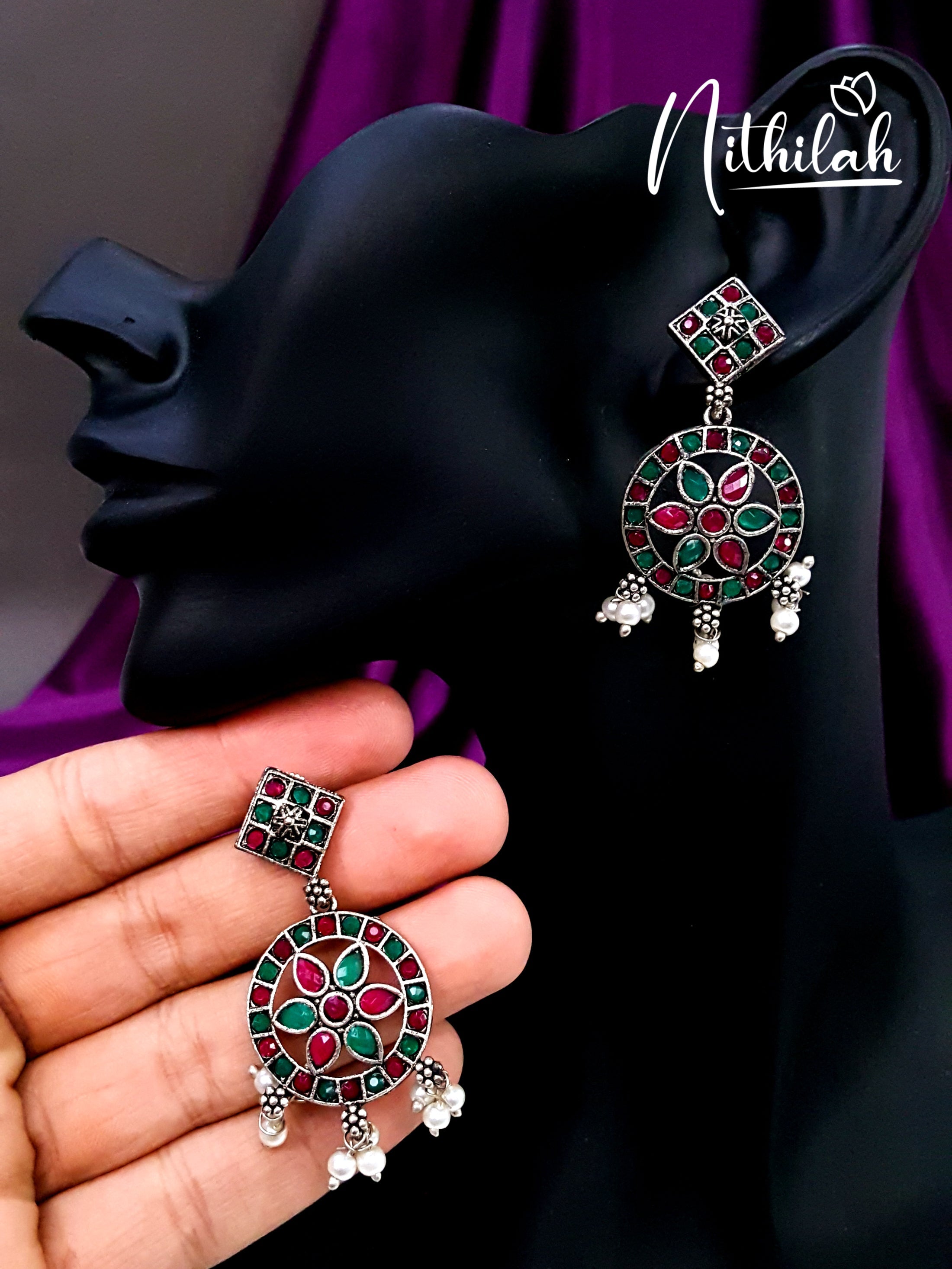 Buy Flower in Circle Oxidised Silver Earrings