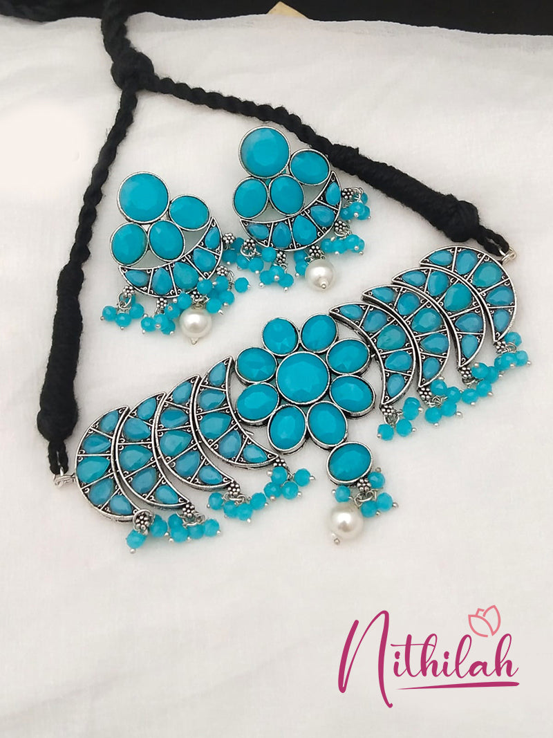 Buy Blue Oxidised Choker Necklace Flower Center