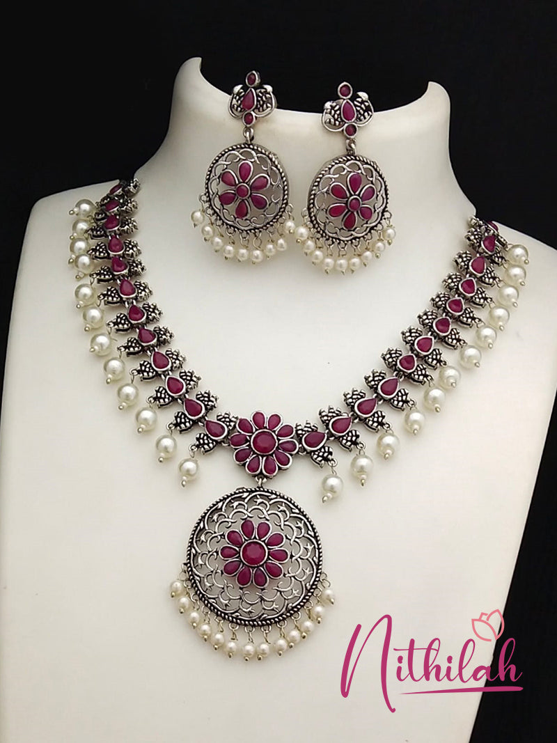 Buy Flower Pearl Red Oxidised Silver Necklace