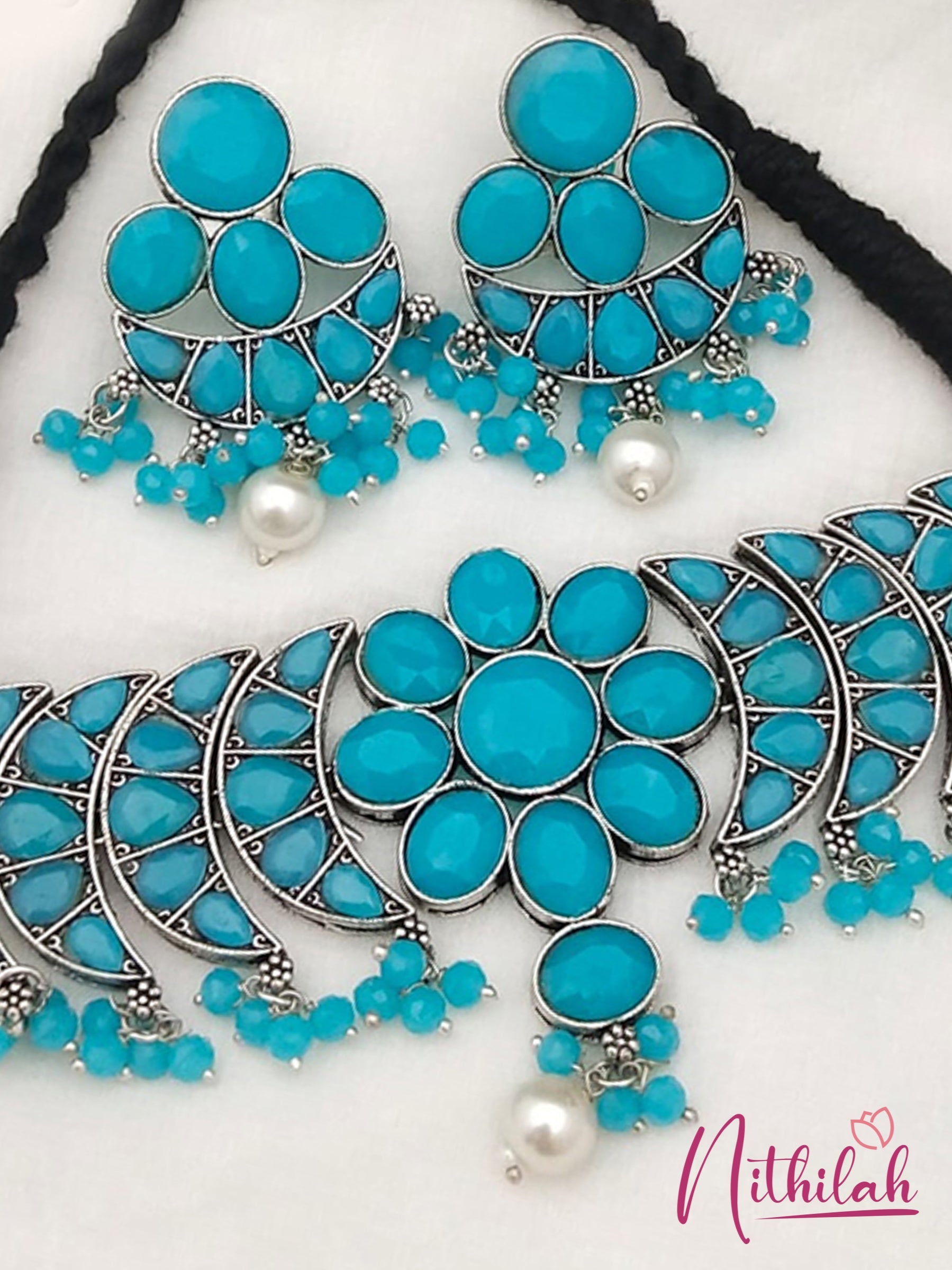 Buy Blue Oxidised Choker Necklace Flower Center