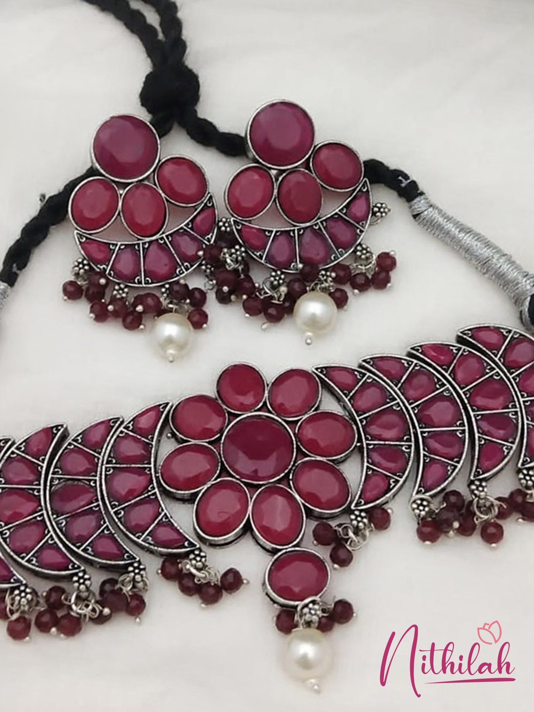 Buy Red Oxidised Choker Necklace Flower Center