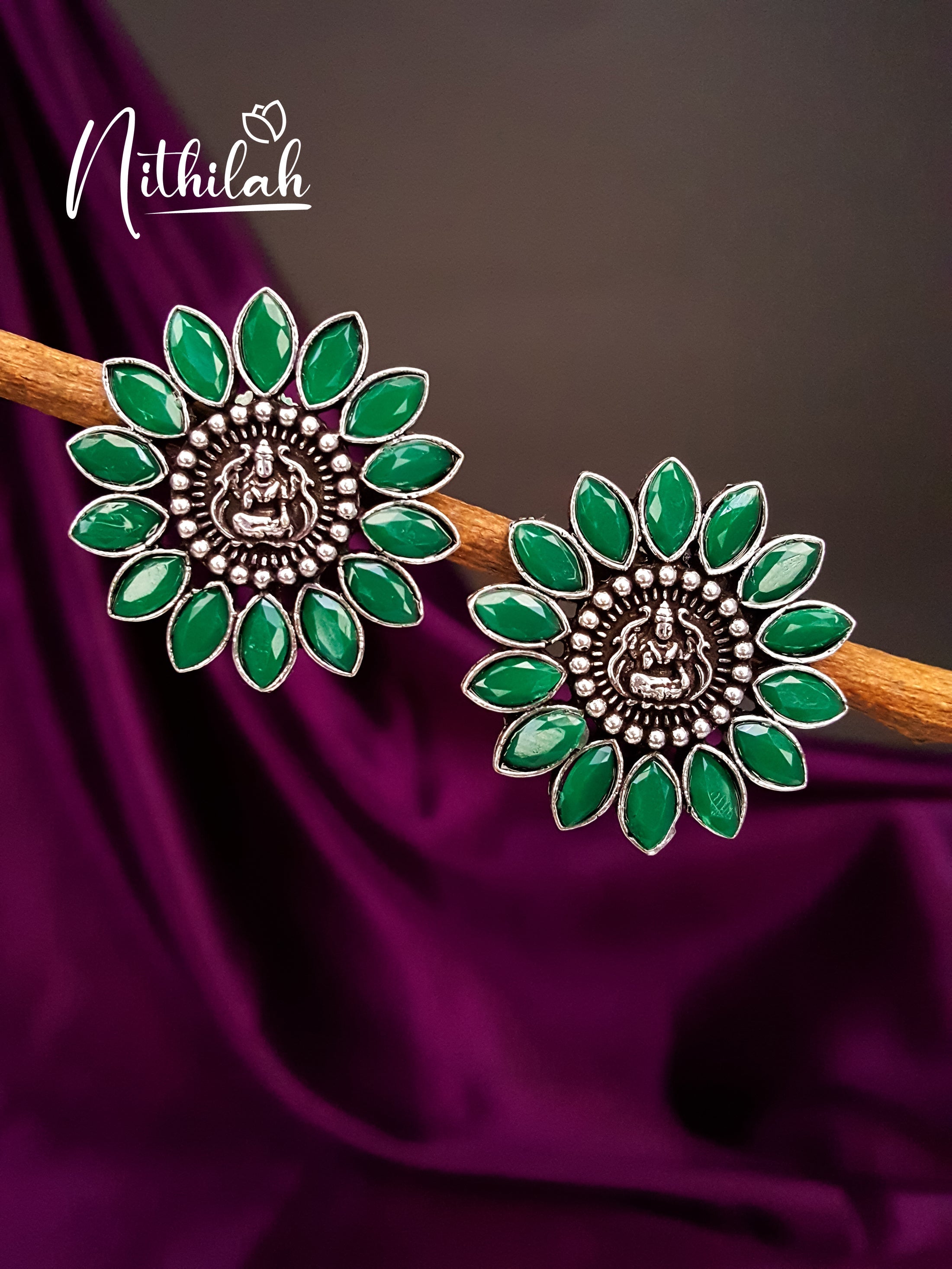 Buy Flower Lakshmi Green Oxidised Studs