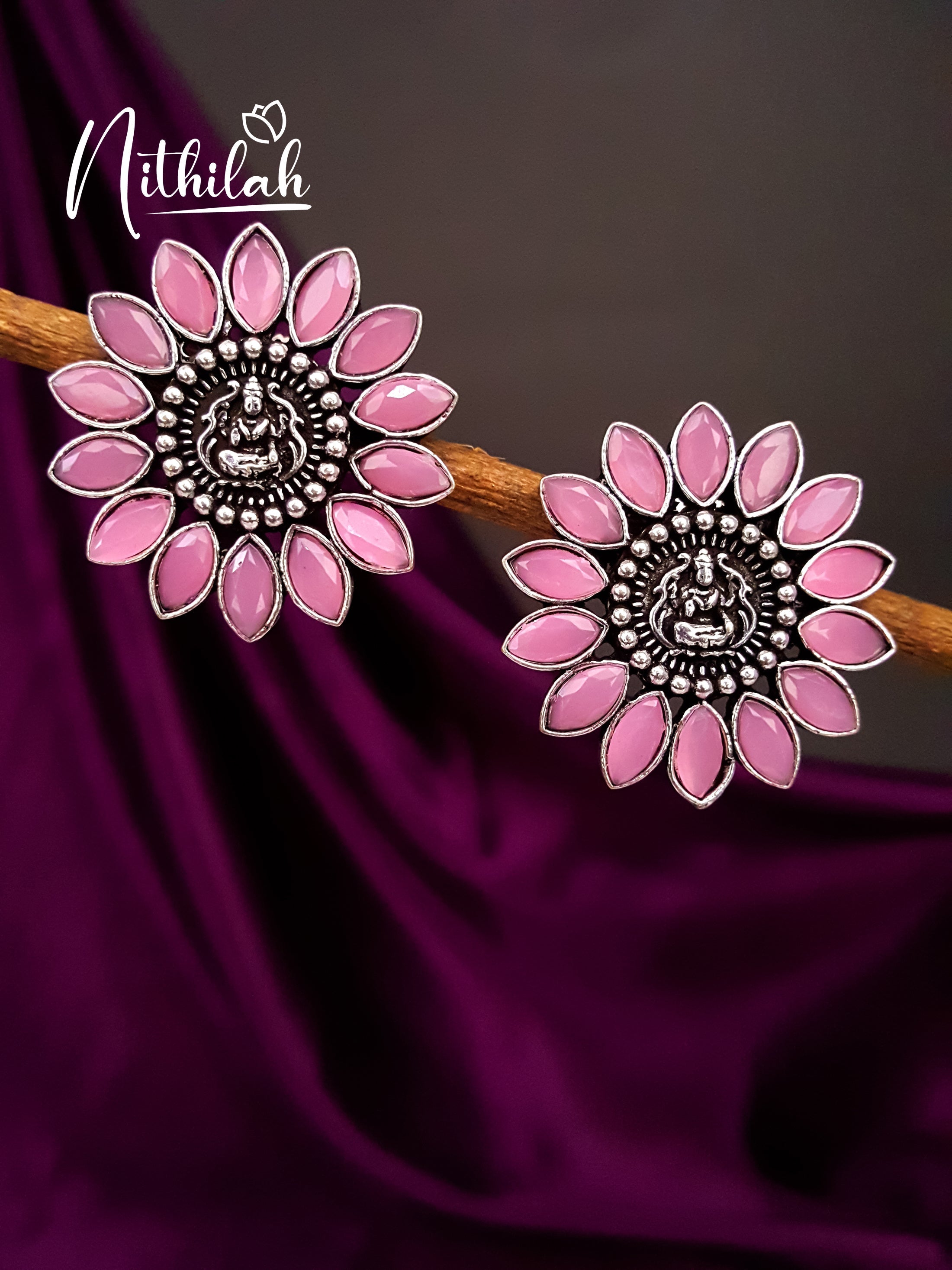Buy Flower Lakshmi Pink Oxidised Studs