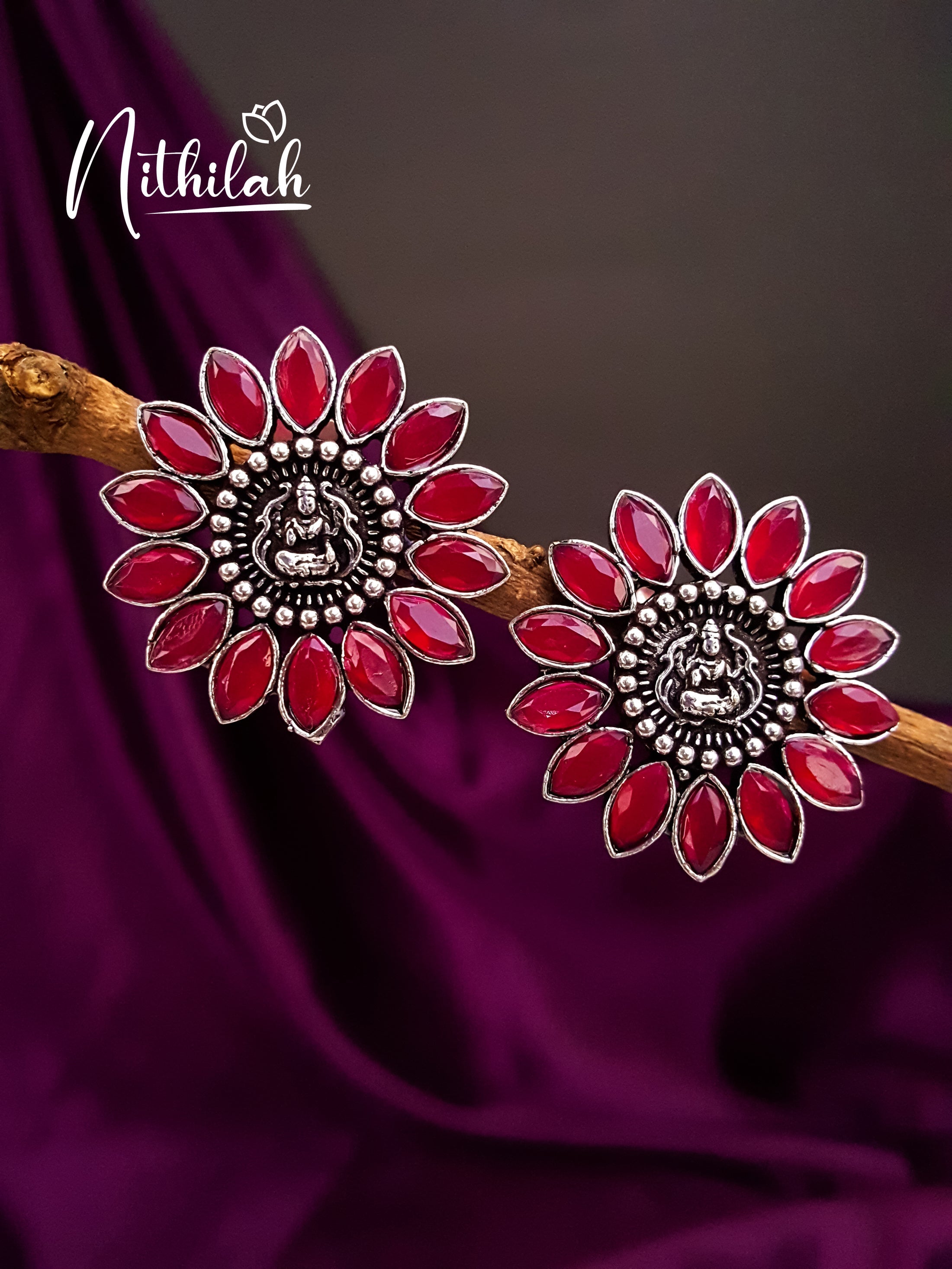 Buy Red Flower Lakshmi Oxidised Studs