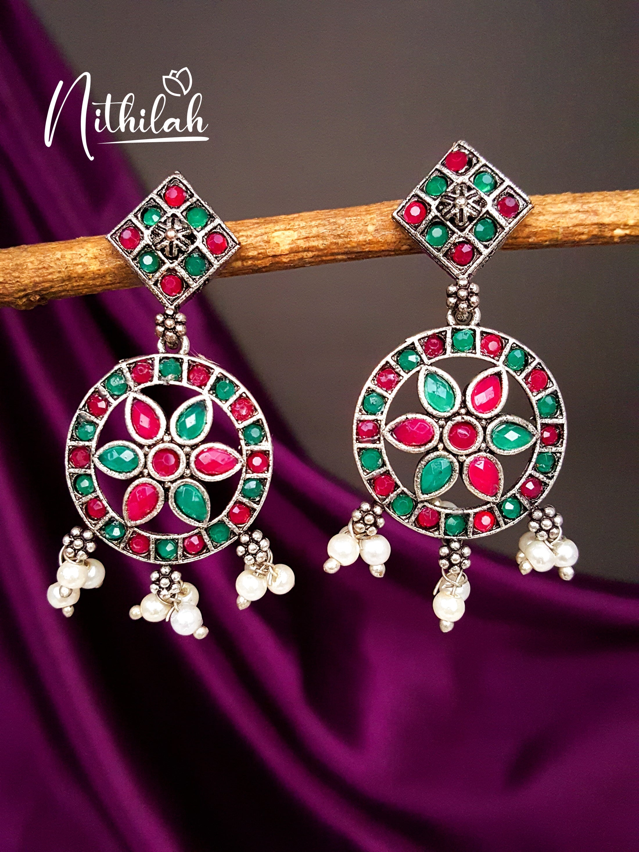 Buy Flower in Circle Oxidised Silver Earrings