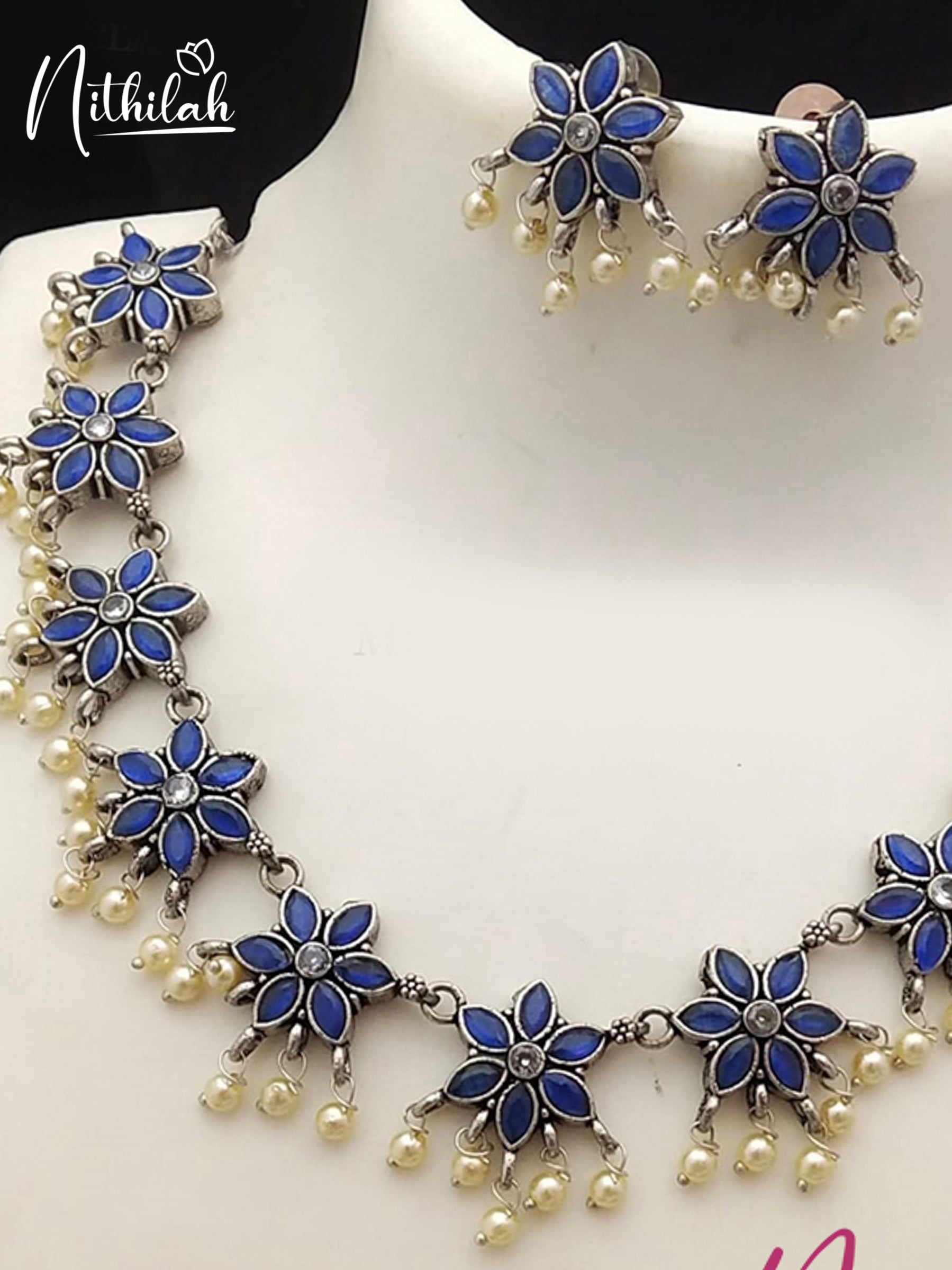 Buy Blue Flower with Hanging Pearls Oxidised Silver Necklace