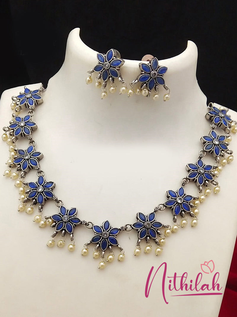 Buy Blue Flower with Hanging Pearls Oxidised Silver Necklace