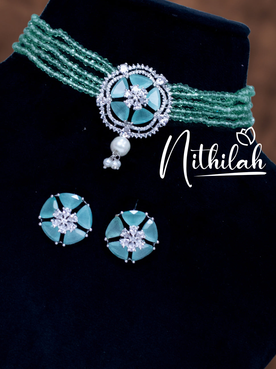 Green Crystal Beads American Diamond Choker Necklace N19C169