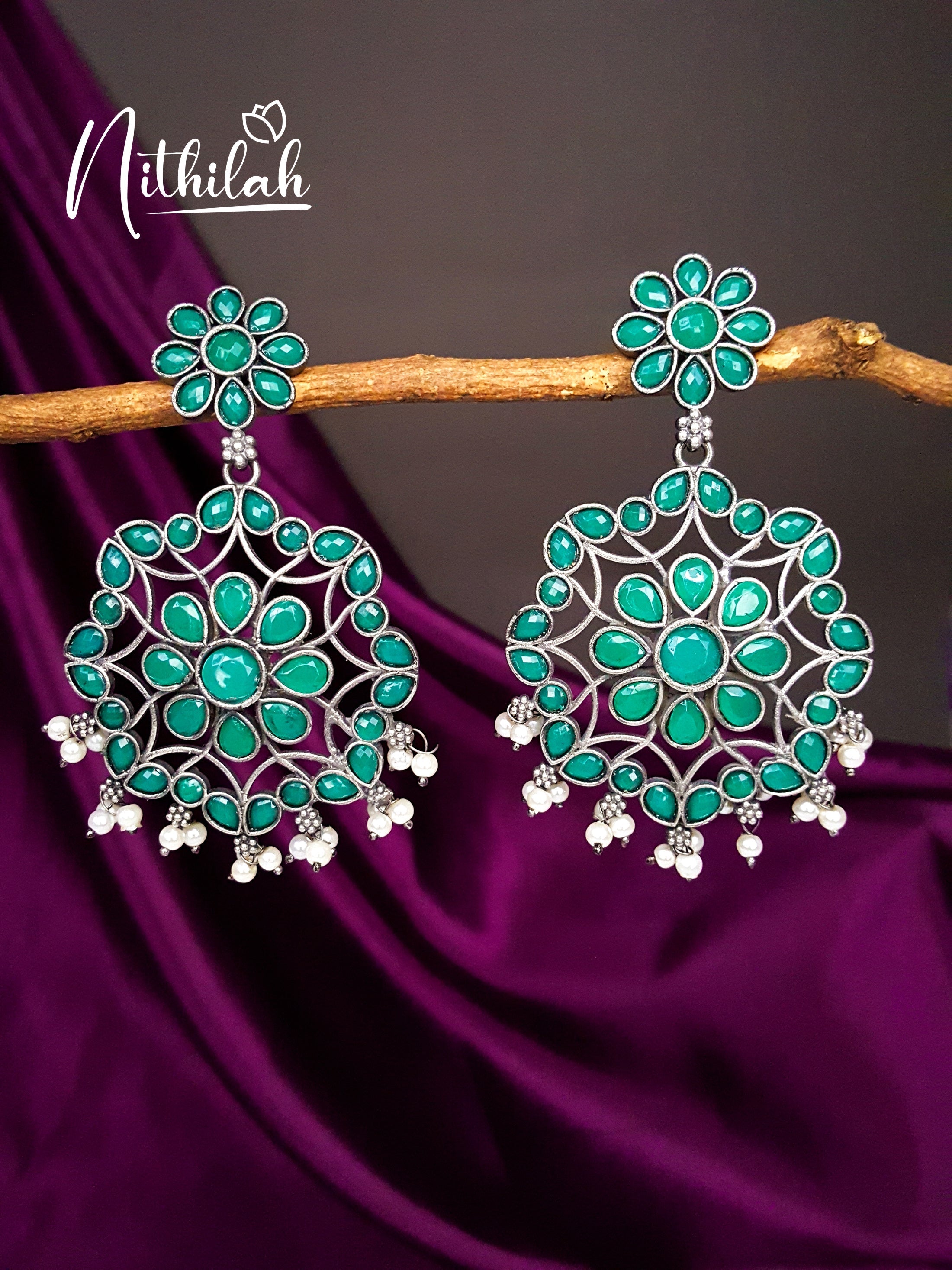 Buy Imitation Jewellery Green Mandala Oxidised Silver Earrings NMAE101 Online