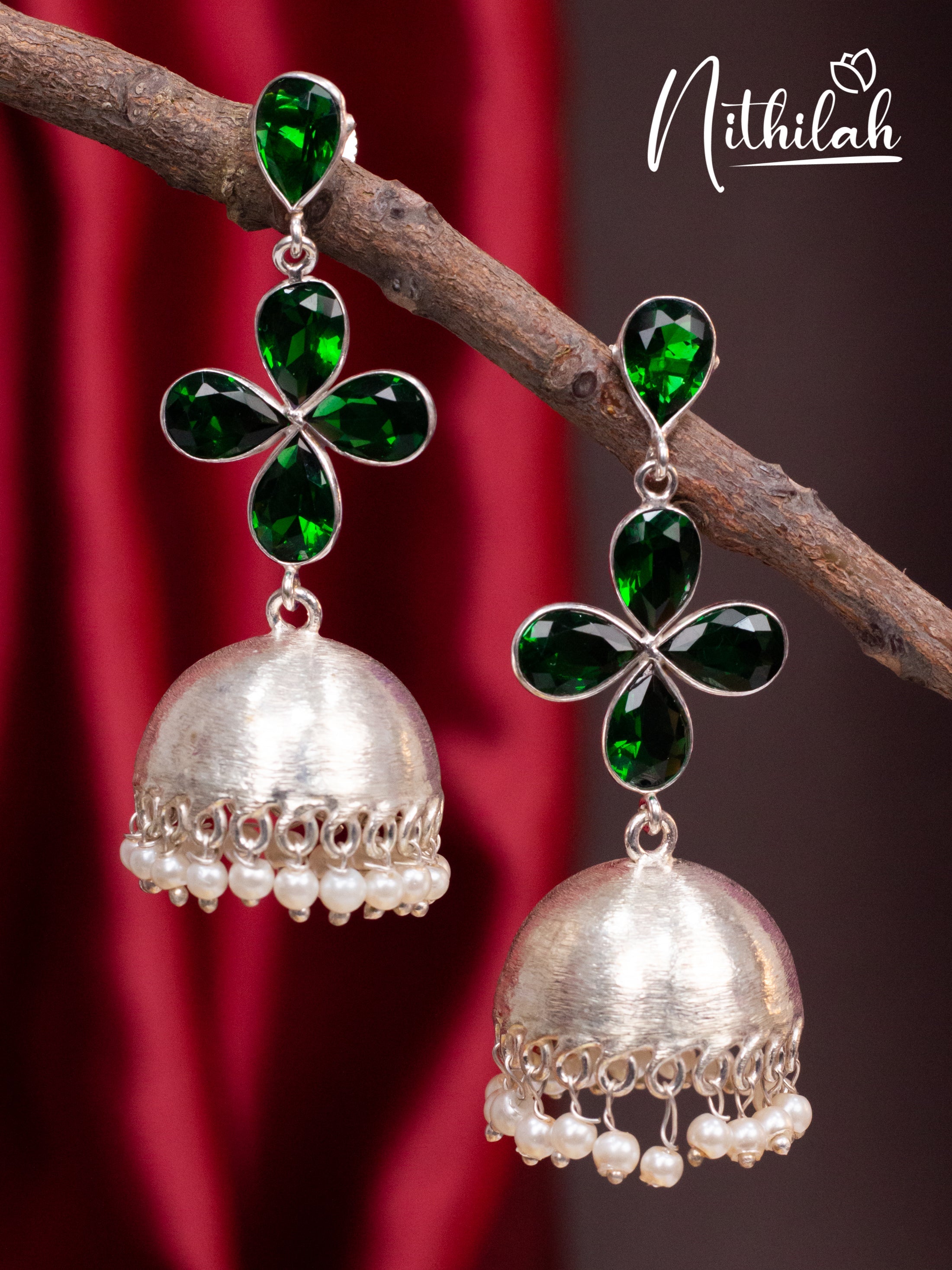 Green Stone Flower Oxidised Jhumka N10E191