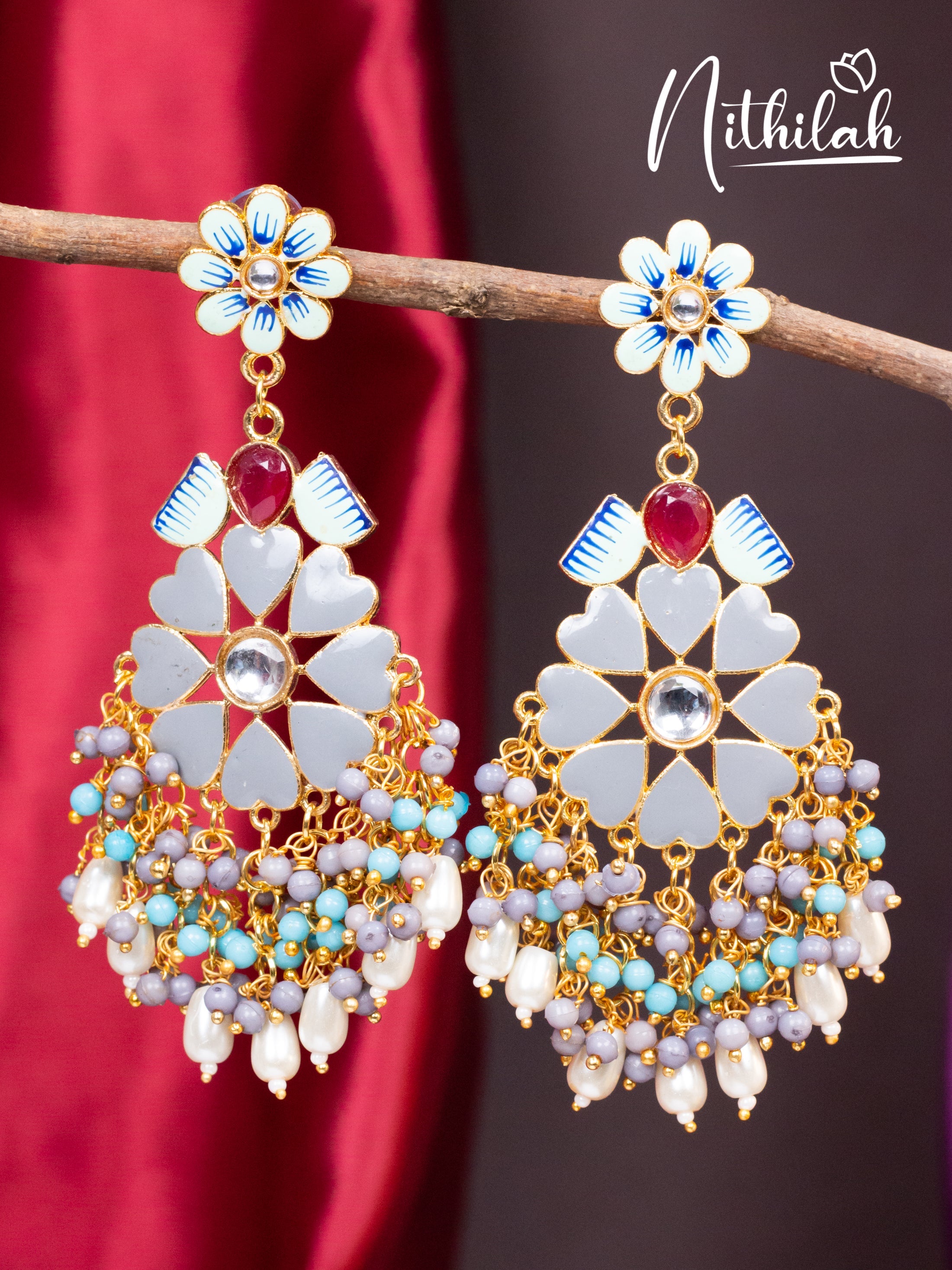 Grey Meenakari Flower Chandelier Earrings N19E133
