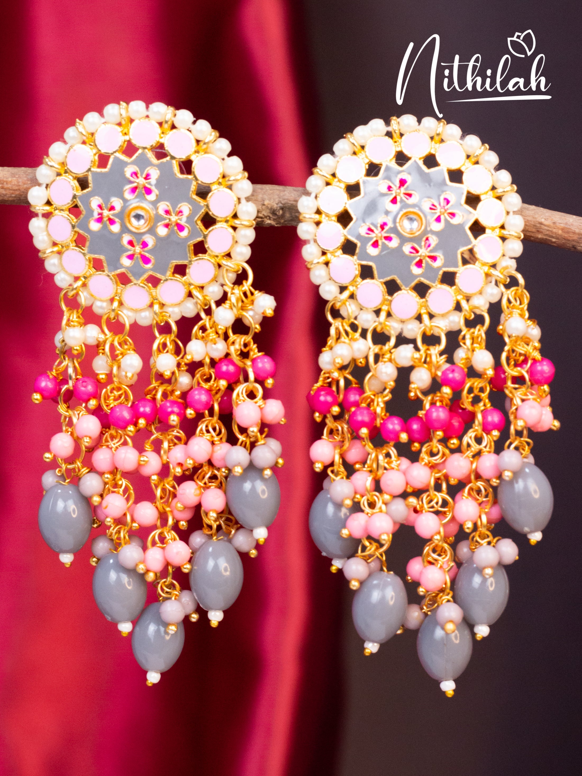 Grey and White Meenakari Chandelier Earrings N19E114