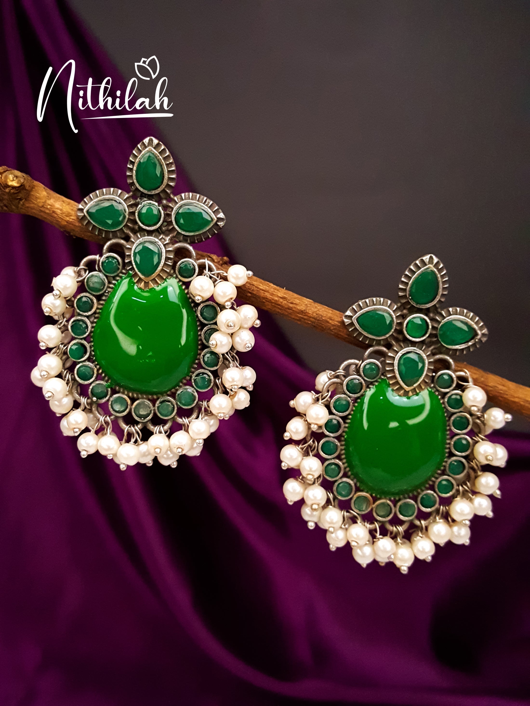 Buy Imitation Jewellery Guttapusalu Oxidised Silver Earrings - Green NRTE107 Online